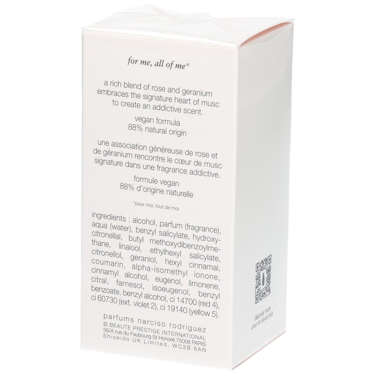 Boîte blanche avec description du parfum, ingrédients et nom de marque 'Narciso Rodriguez'.