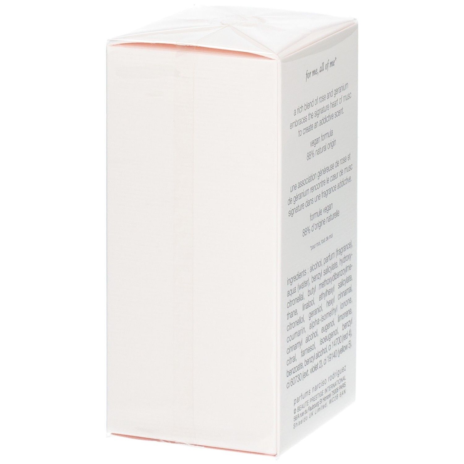 Emballage rectangulaire blanc avec texte imprimé en gris. Contient la liste des ingrédients et des informations produit.