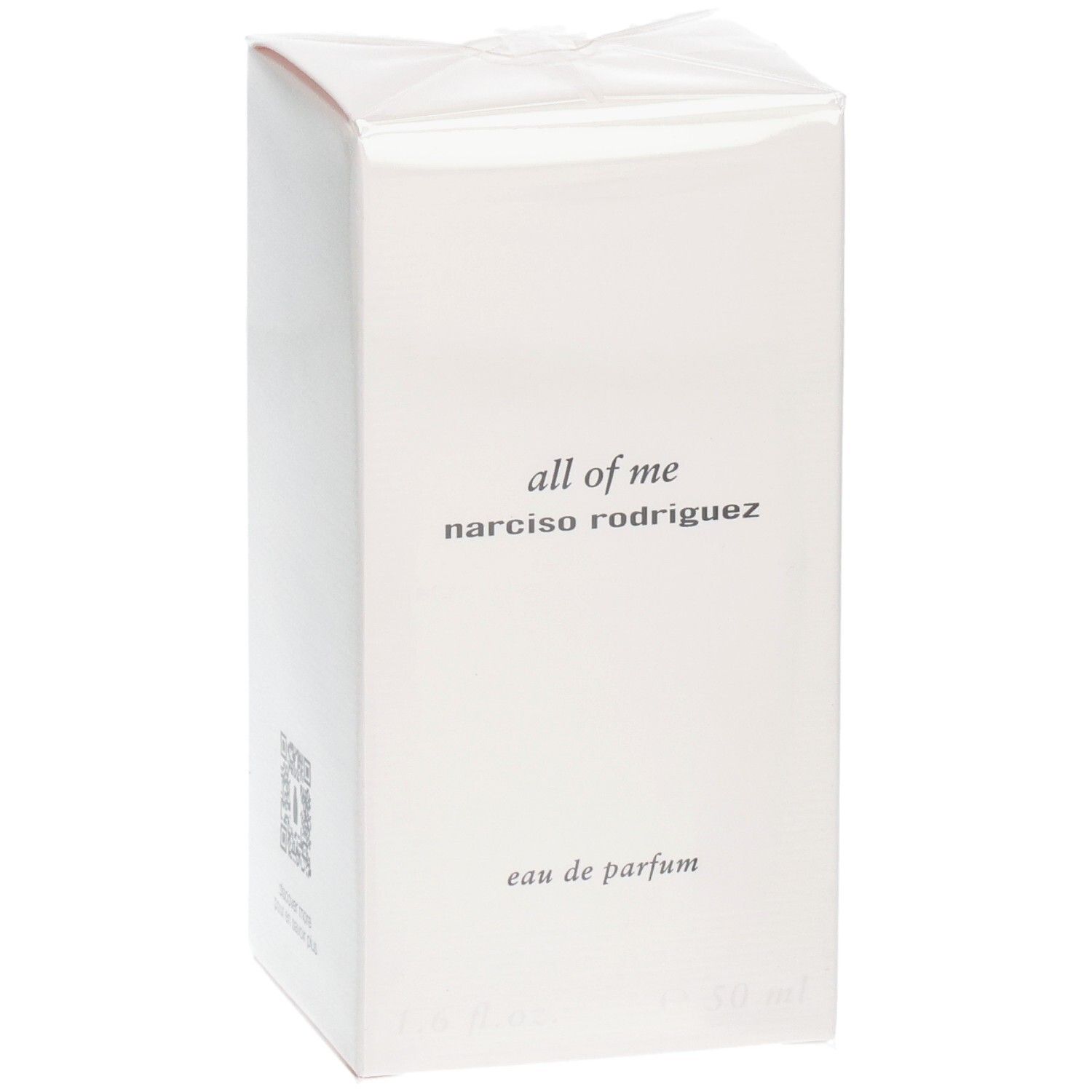 Boîte de parfum blanche avec inscription "all of me" et "narciso rodriguez".