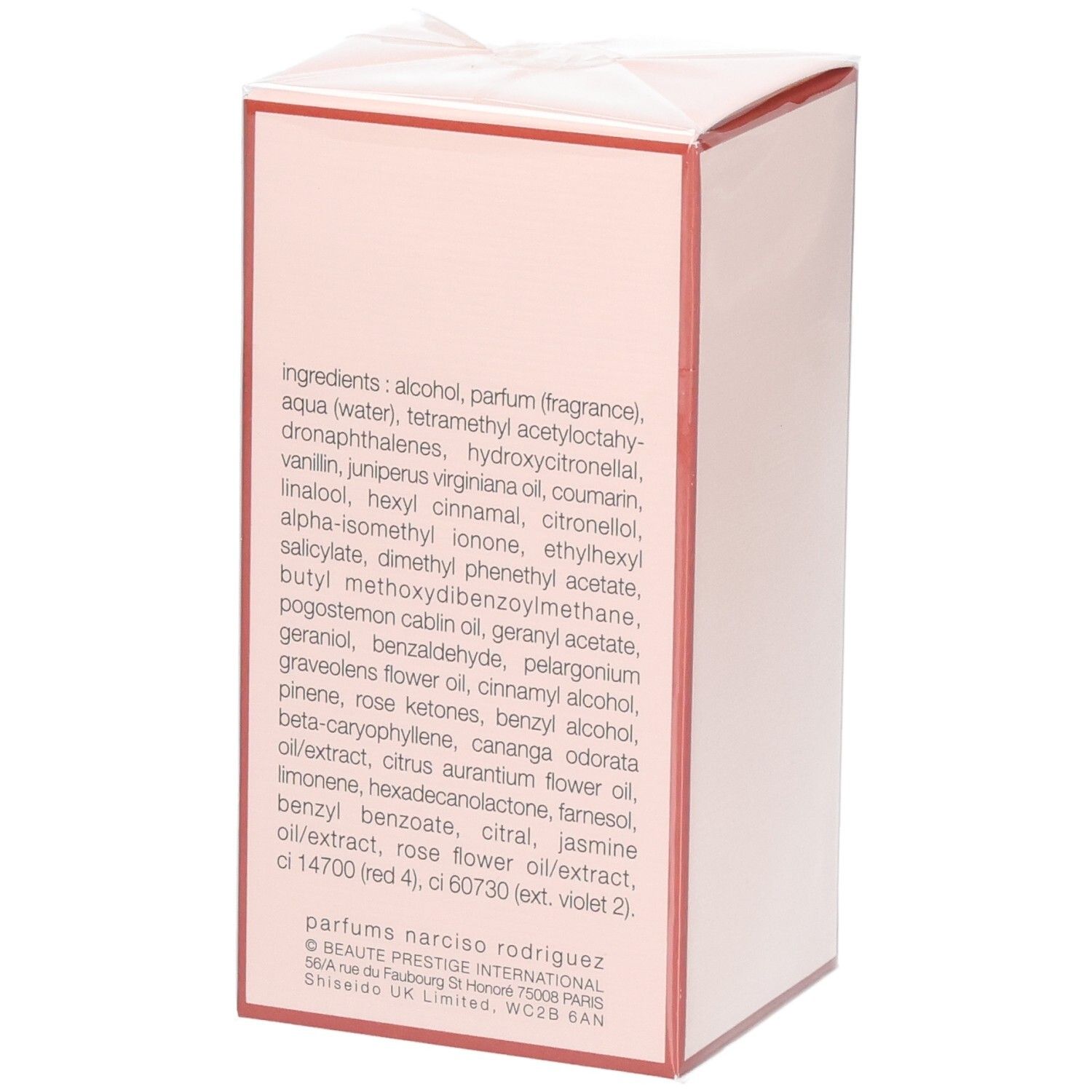 Arrière de l'emballage du parfum Narciso Rodriguez All of Me Eau de Parfum Florale avec ingrédients.