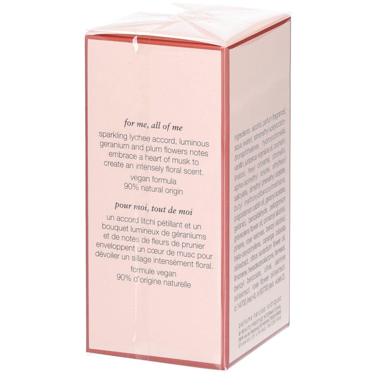 Côté de l'emballage du parfum Narciso Rodriguez All of Me Eau de Parfum Florale avec description.