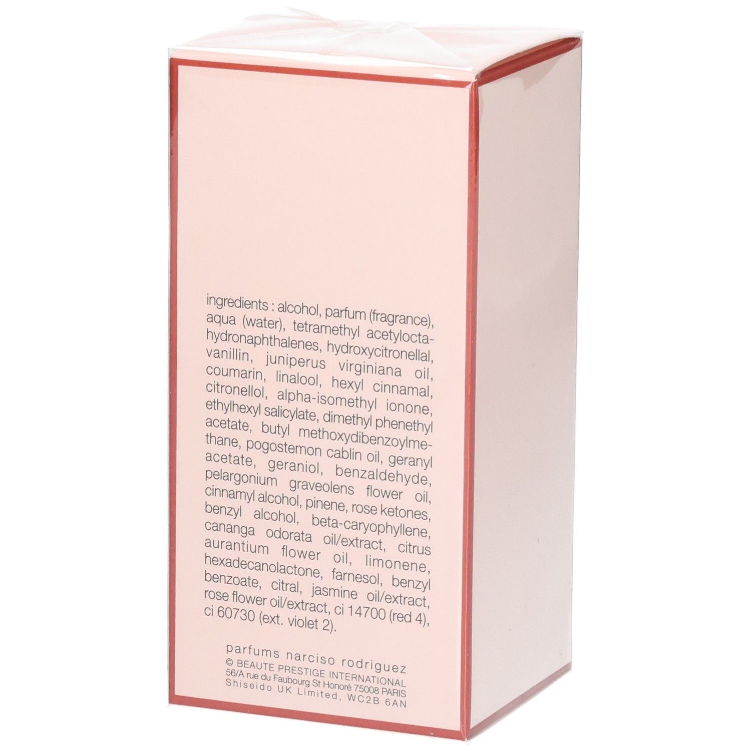 Boîte de Narciso Rodriguez All of Me Eau de Parfum Florale, vue latérale avec ingrédients.
