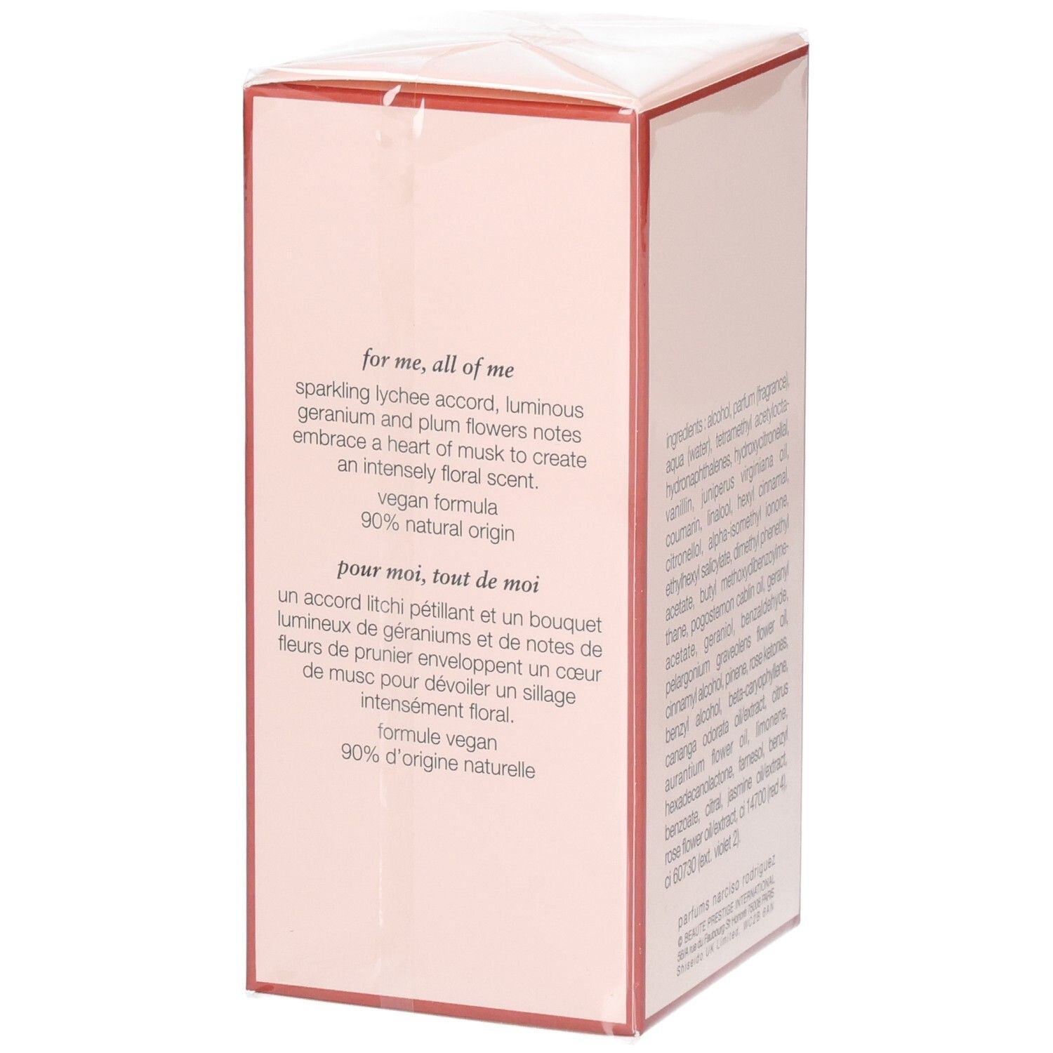 Boîte de Narciso Rodriguez All of Me Eau de Parfum Florale, vue latérale avec description.