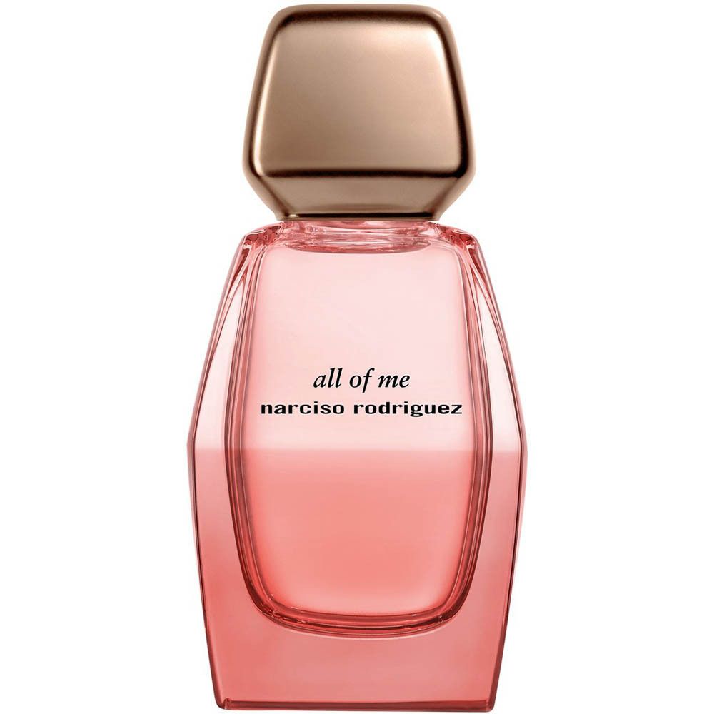 Flacon de parfum avec liquide rose et bouchon doré. Texte : "all of me narciso rodriguez".