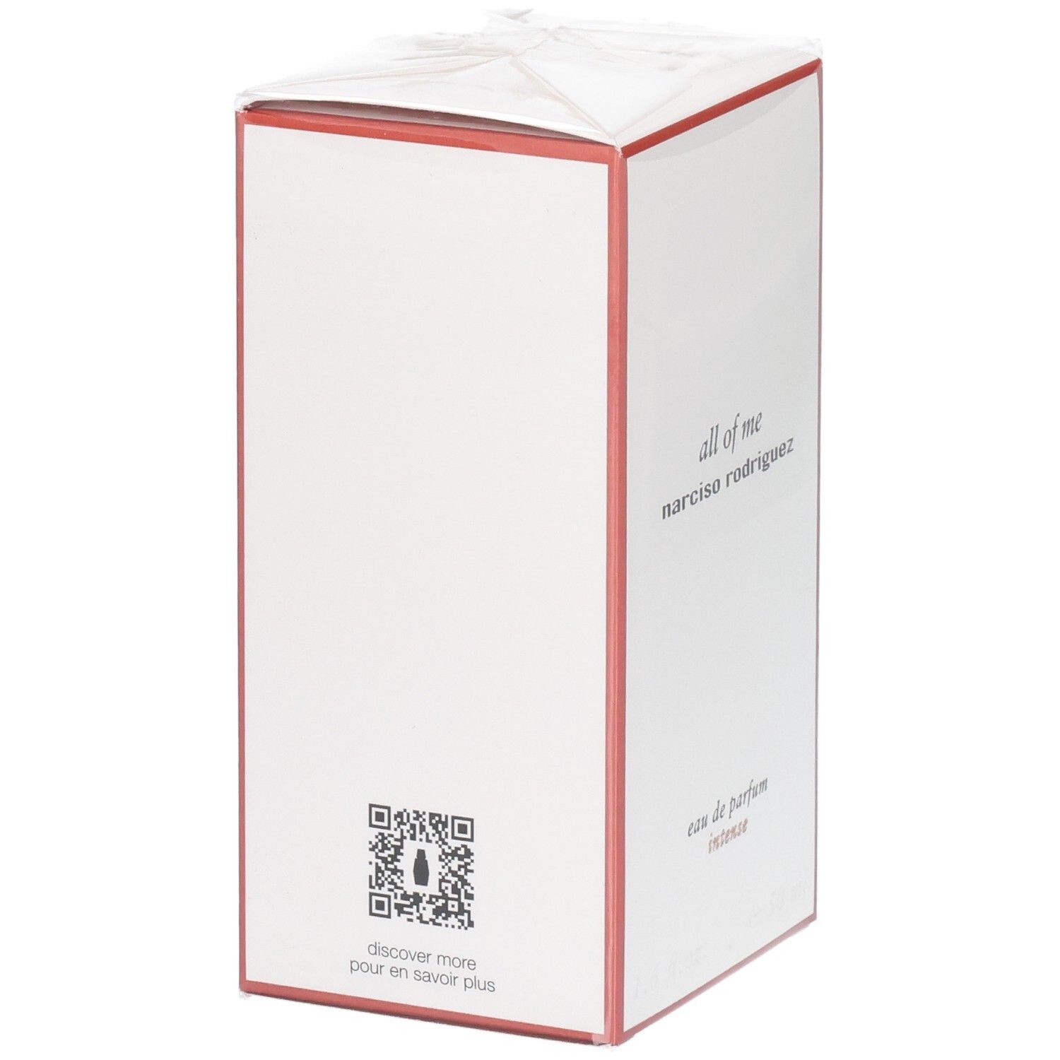 Boîte de parfum blanche avec bordure rouge. Texte : 'all of me narciso rodriguez', 'eau de parfum'. QR code en bas.