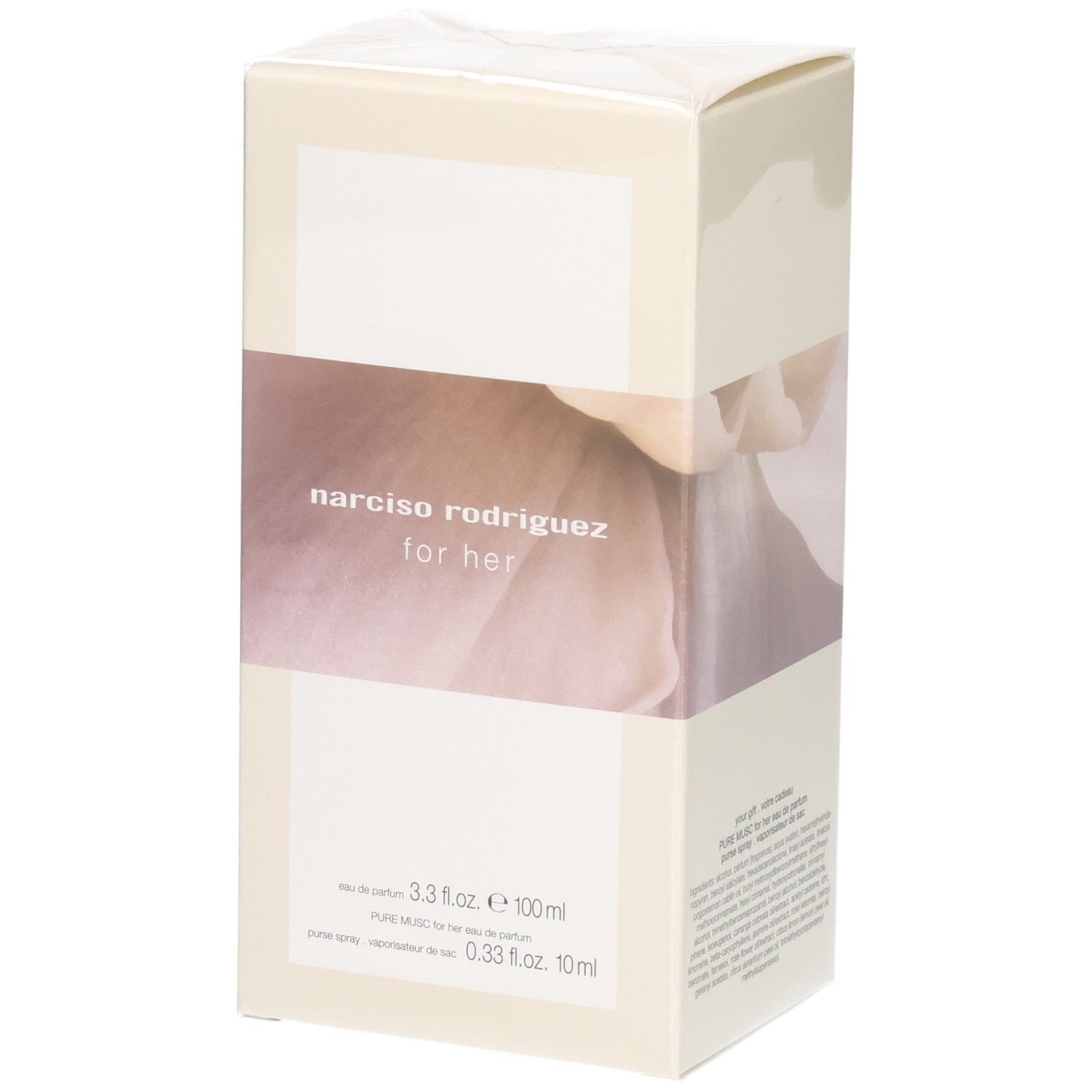 Coffret Narciso Rodriguez For Her : flacon Eau de Parfum rose et un vaporisateur de sac.