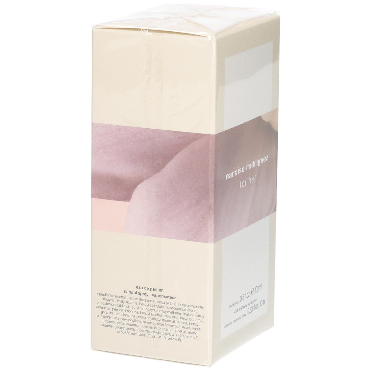 Emballage Narciso Rodriguez For Her Coffret avec flacon Eau de Parfum rose et vaporisateur.