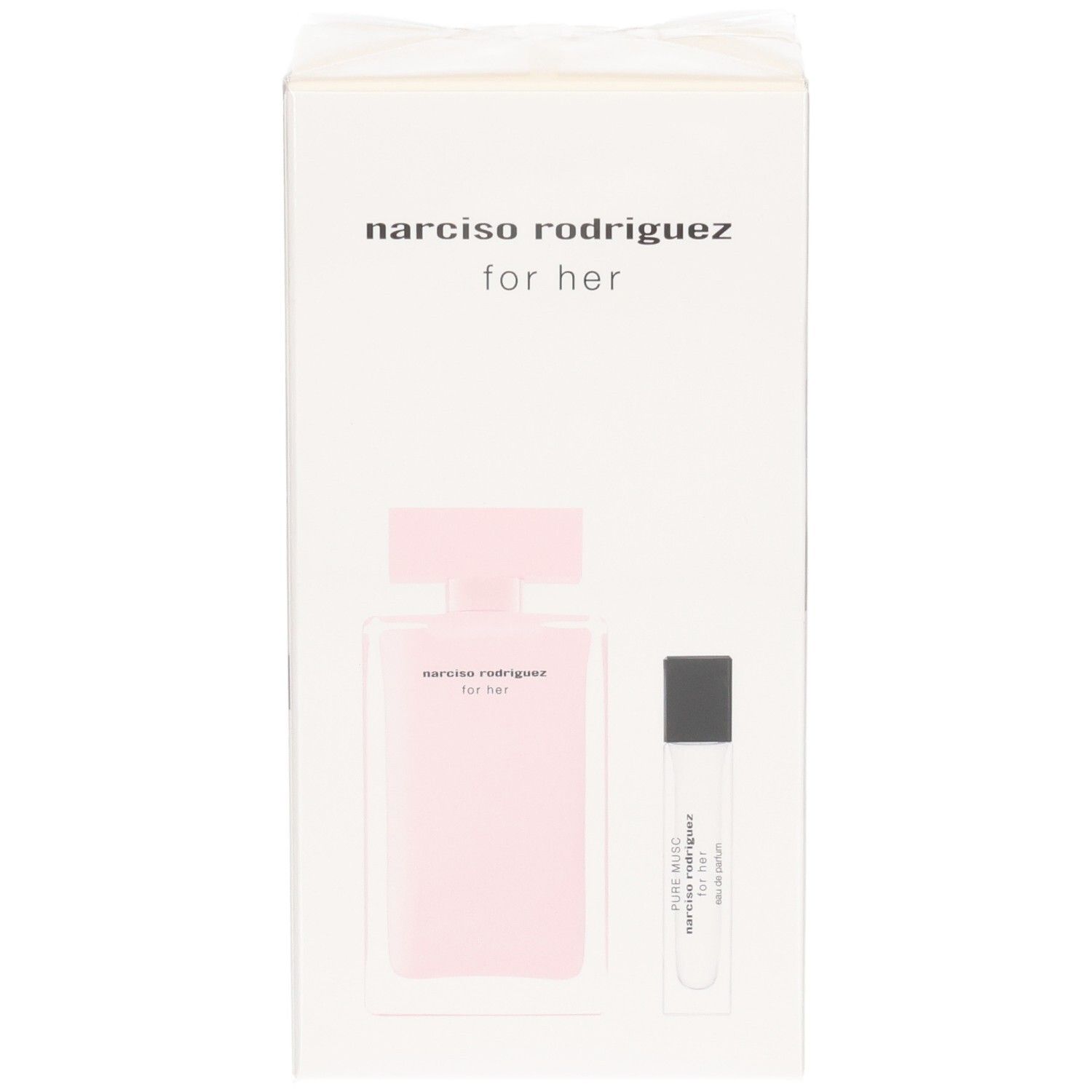 Coffret Narciso Rodriguez For Her : flacon Eau de Parfum rose et un vaporisateur de sac.