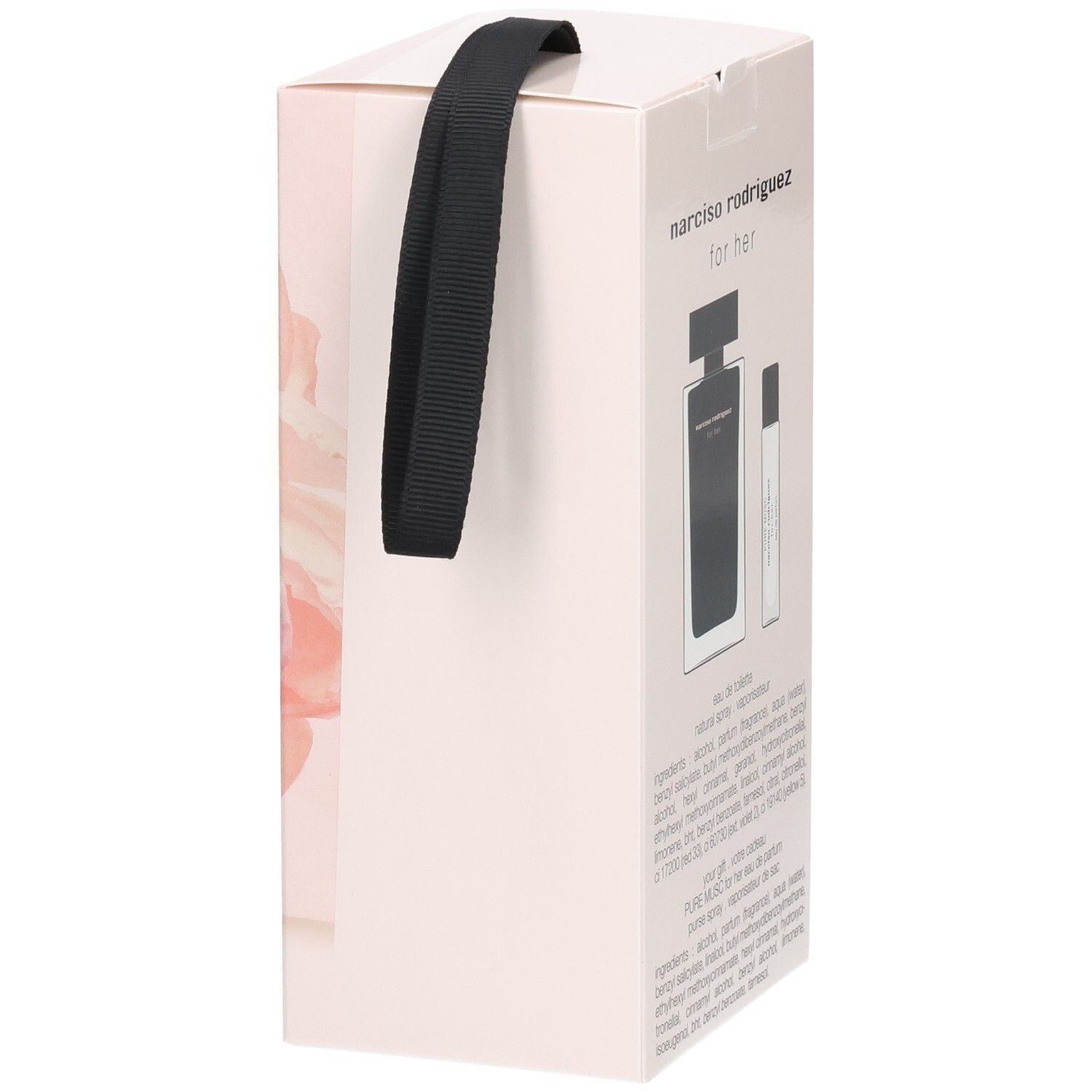 Coffret cadeau avec deux flacons de parfum Narciso Rodriguez for Her sur un emballage rose pâle avec une poignée de transport noire.