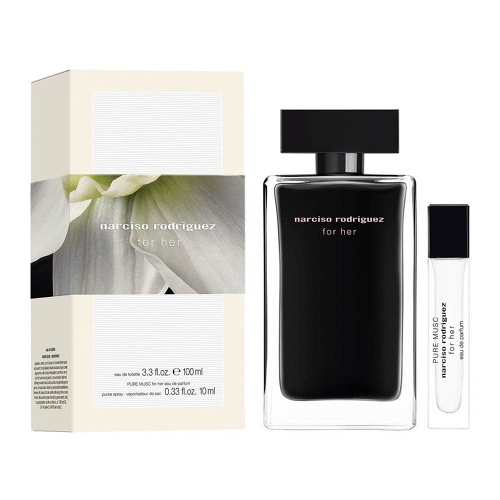 Set Narciso Rodriguez for her Eau de Parfum : flacon 100ml et vaporisateur de voyage 10ml.