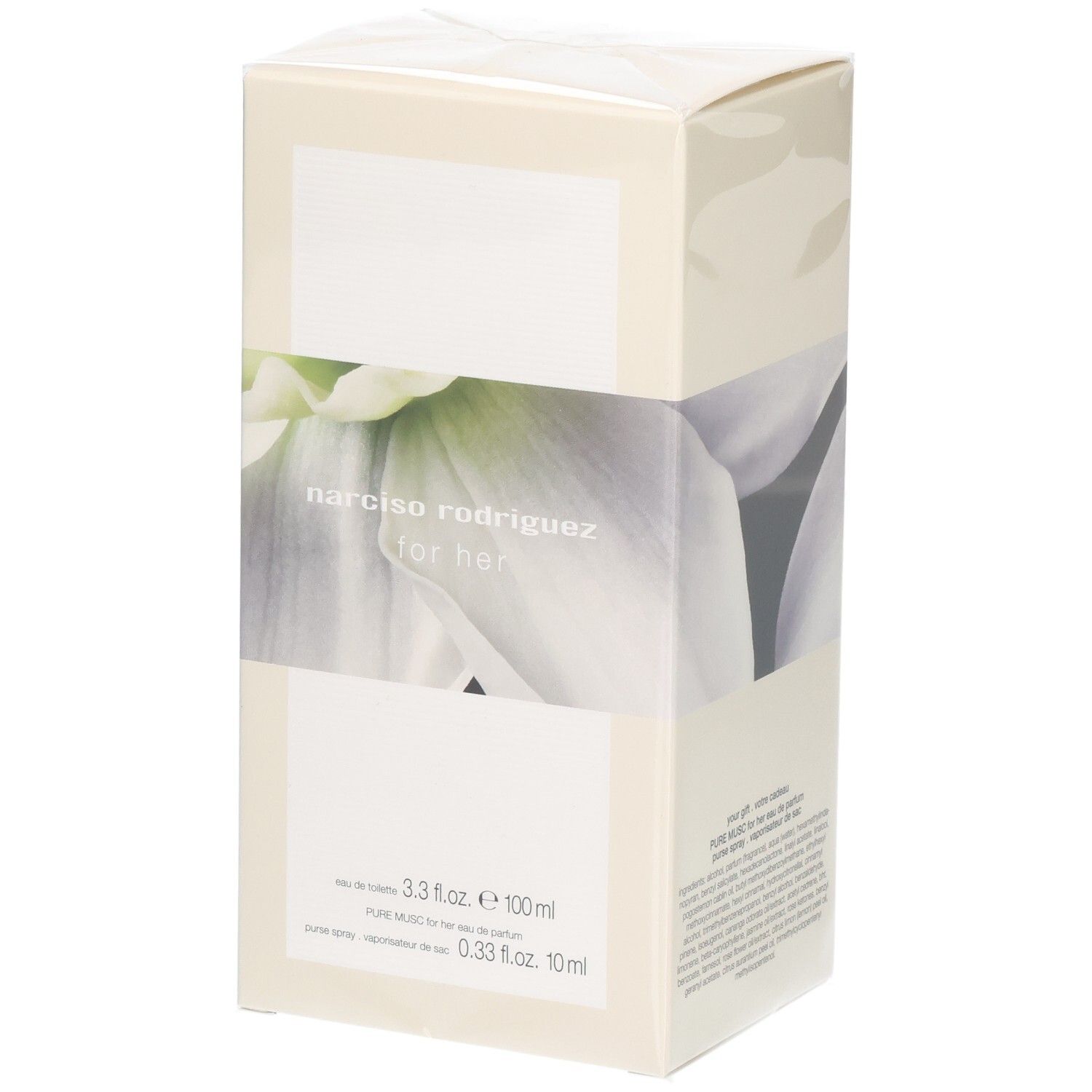 Boîte de Narciso Rodriguez for her Eau de Toilette 100ml avec motif floral.