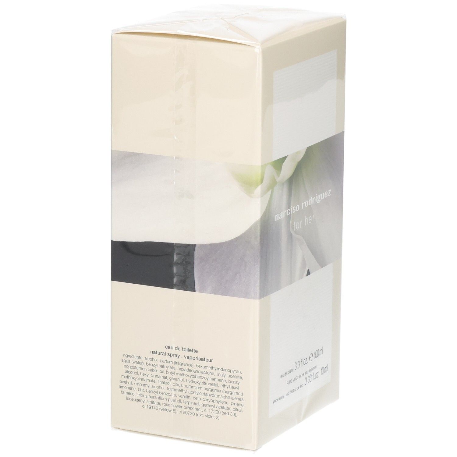 Boîte de parfum avec motif floral et inscription 'Narciso Rodriguez for her'.