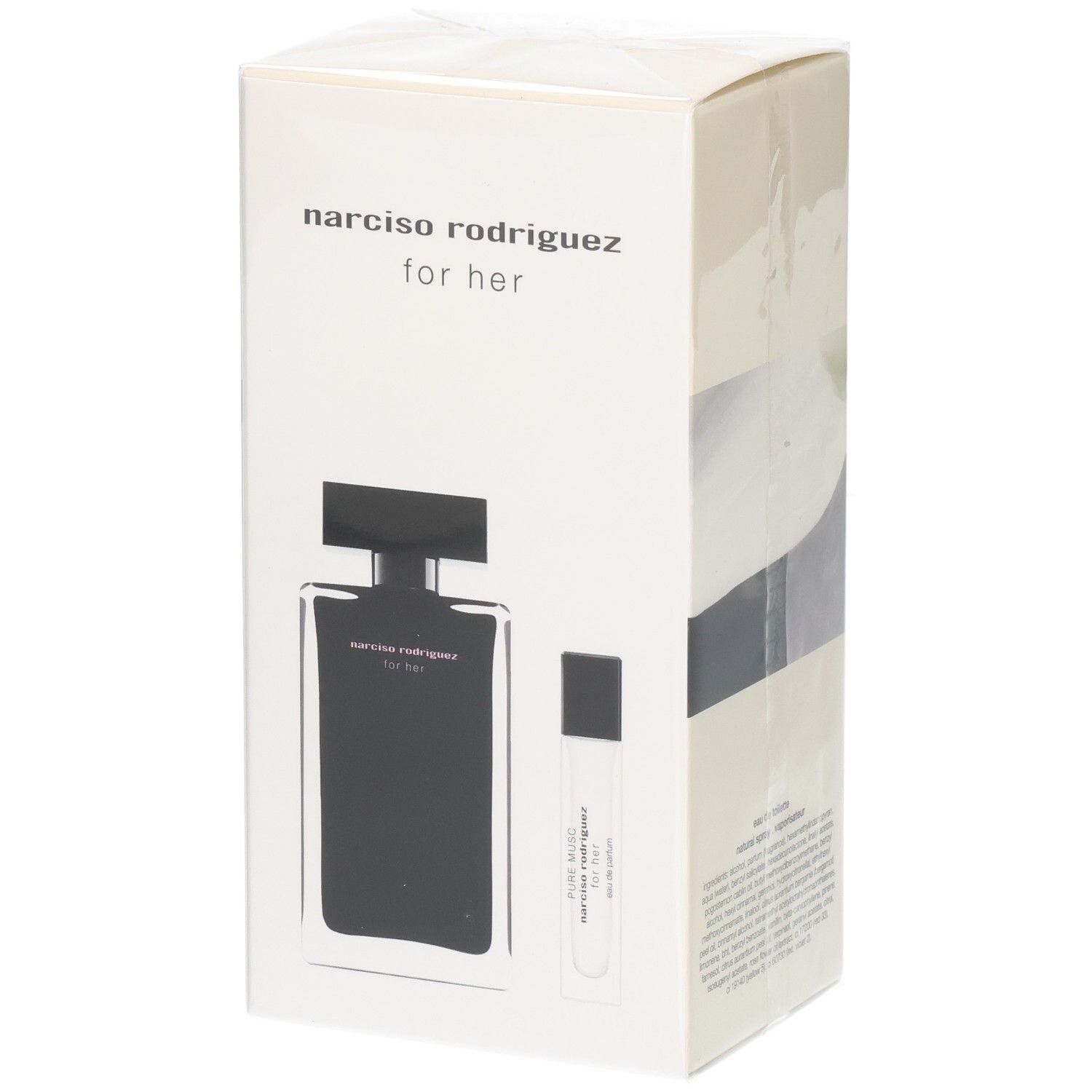 Coffret cadeau Narciso Rodriguez for her avec flacon d'eau de parfum noir et petit rollerball.