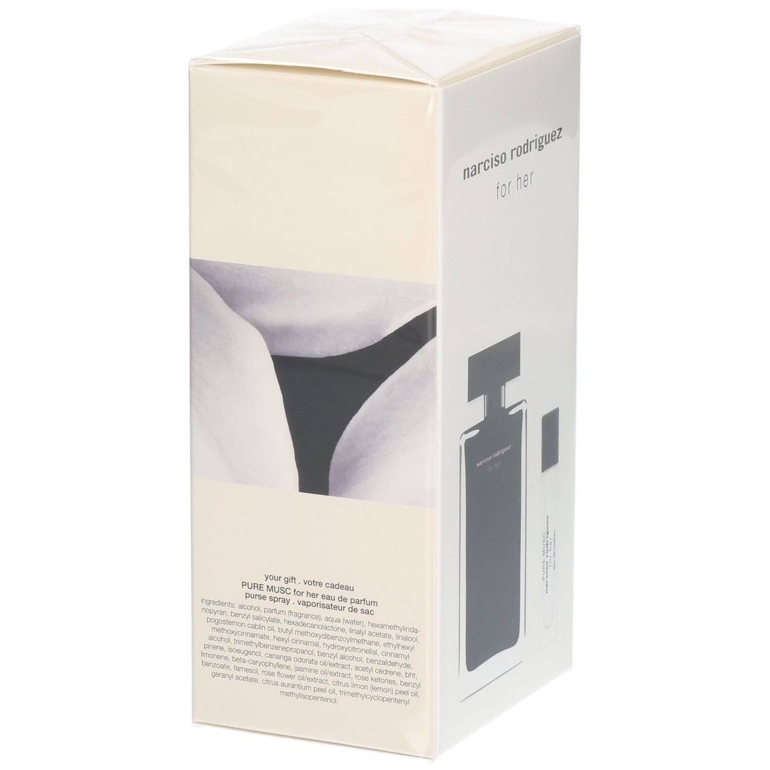Boîte de parfum Narciso Rodriguez for her Pure Musc, avec illustration de flacon et image féminine.