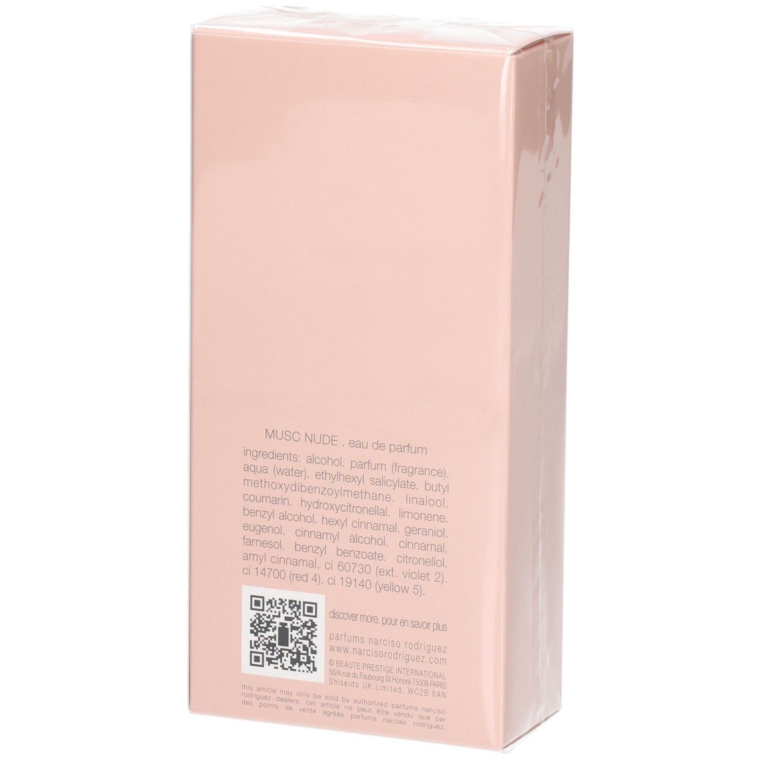 Boîte de Musc Nude Eau de Parfum avec liste d'ingrédients et code QR.