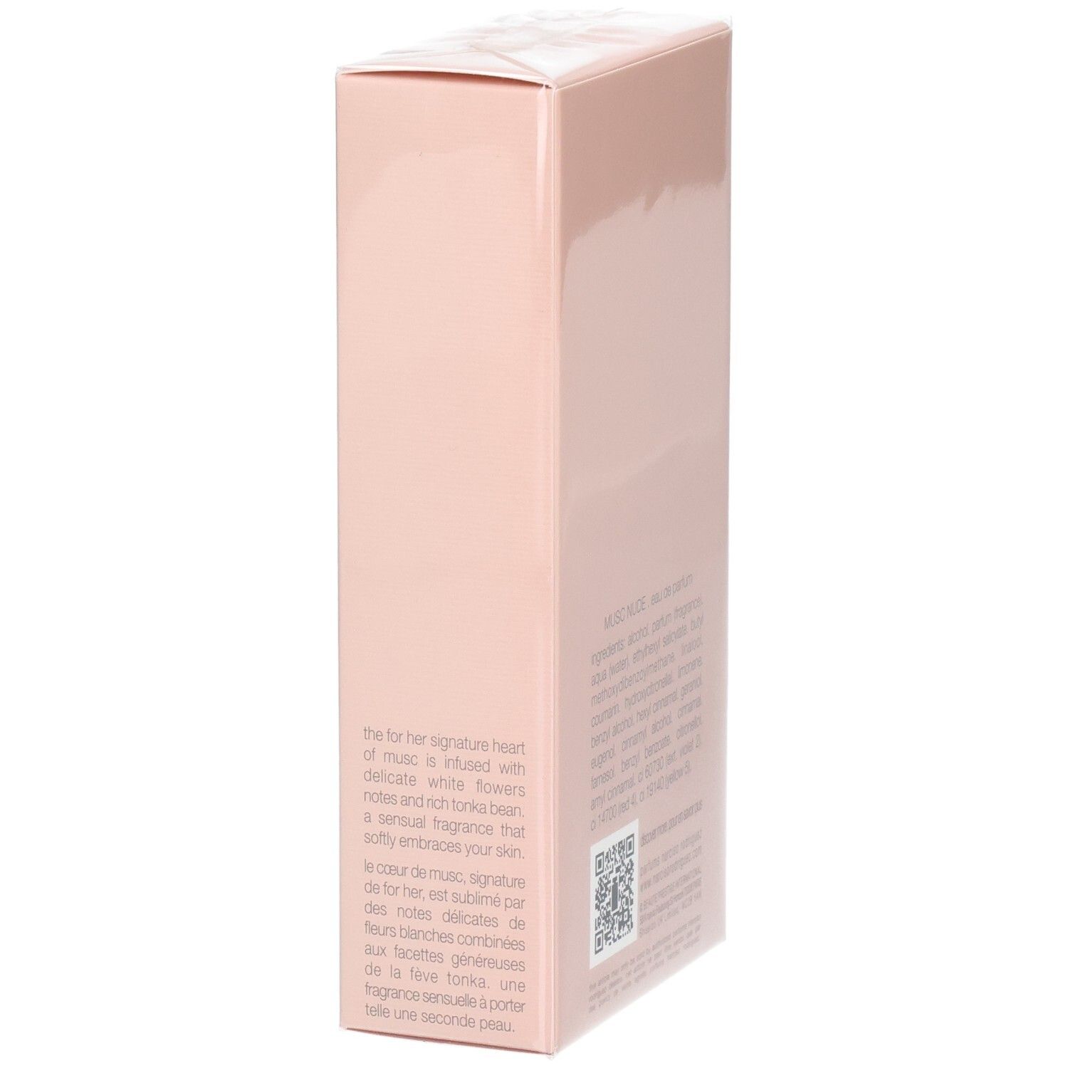 Un emballage produit rectangulaire rose pâle avec du texte et un code QR sur un côté.
