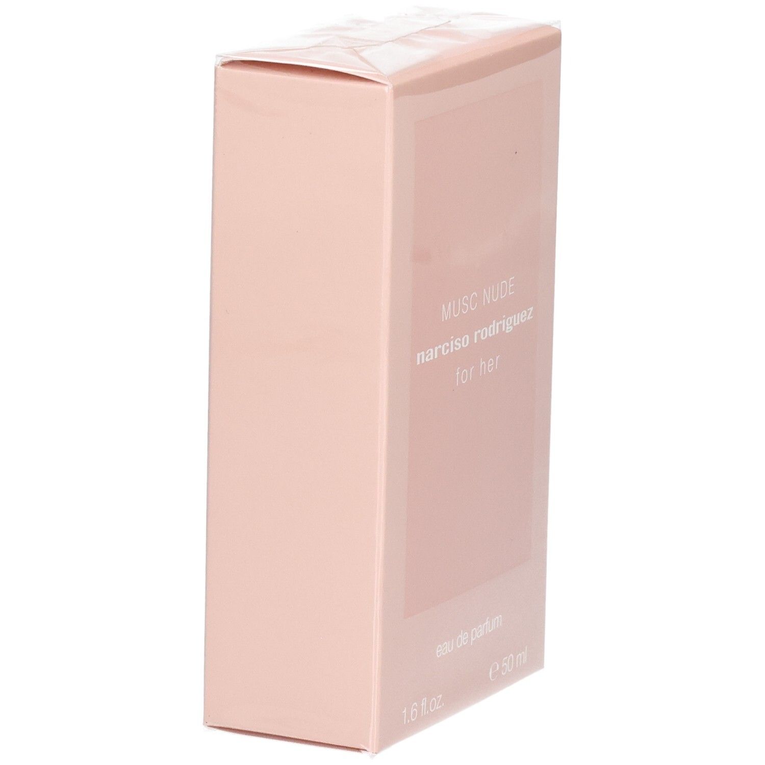 Arrière d'une boîte de parfum rose pâle avec "MUSC NUDE narciso rodriguez for her eau de parfum 50ml" imprimé.
