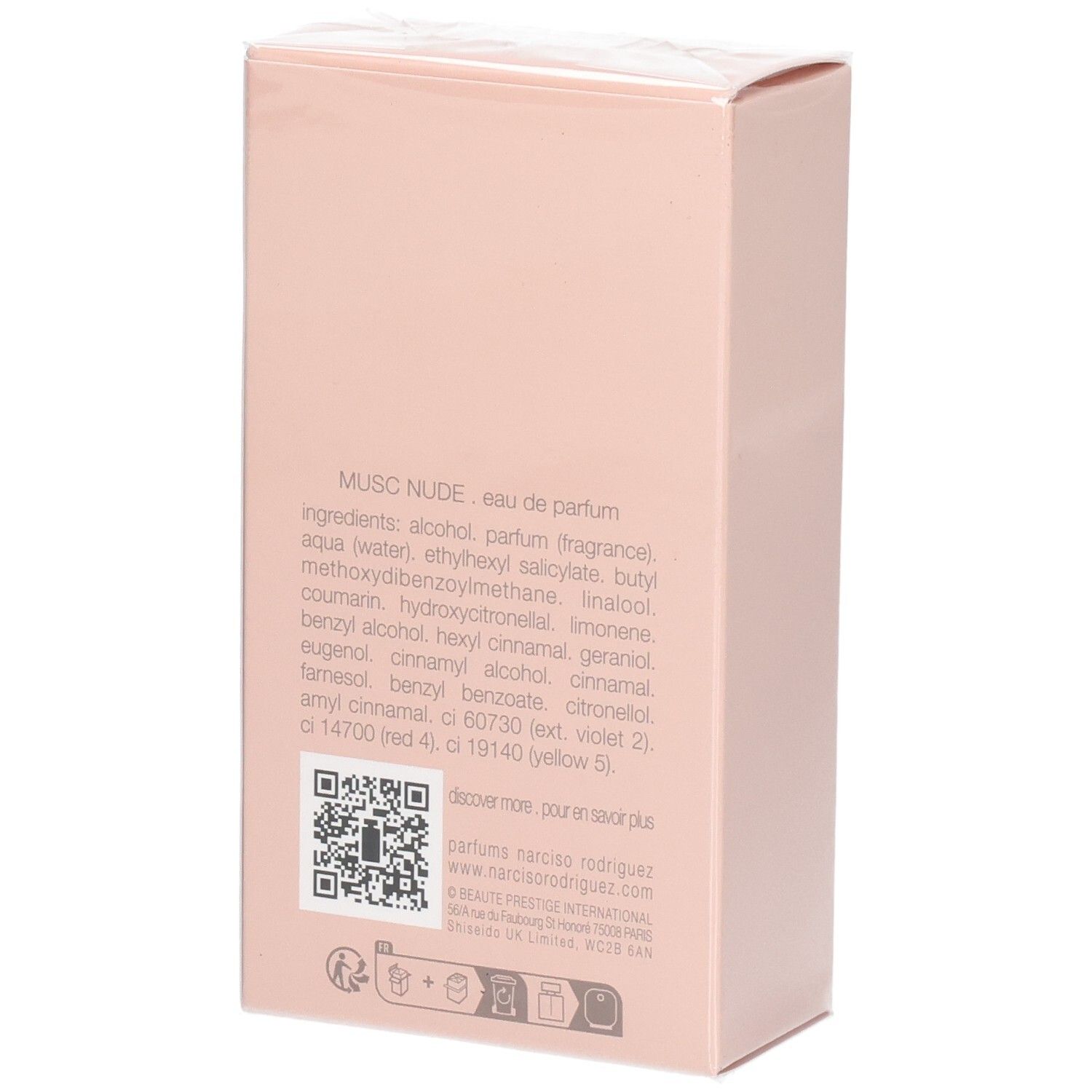 Boîte de MUSC NUDE Eau de Parfum avec liste d'ingrédients et code QR.