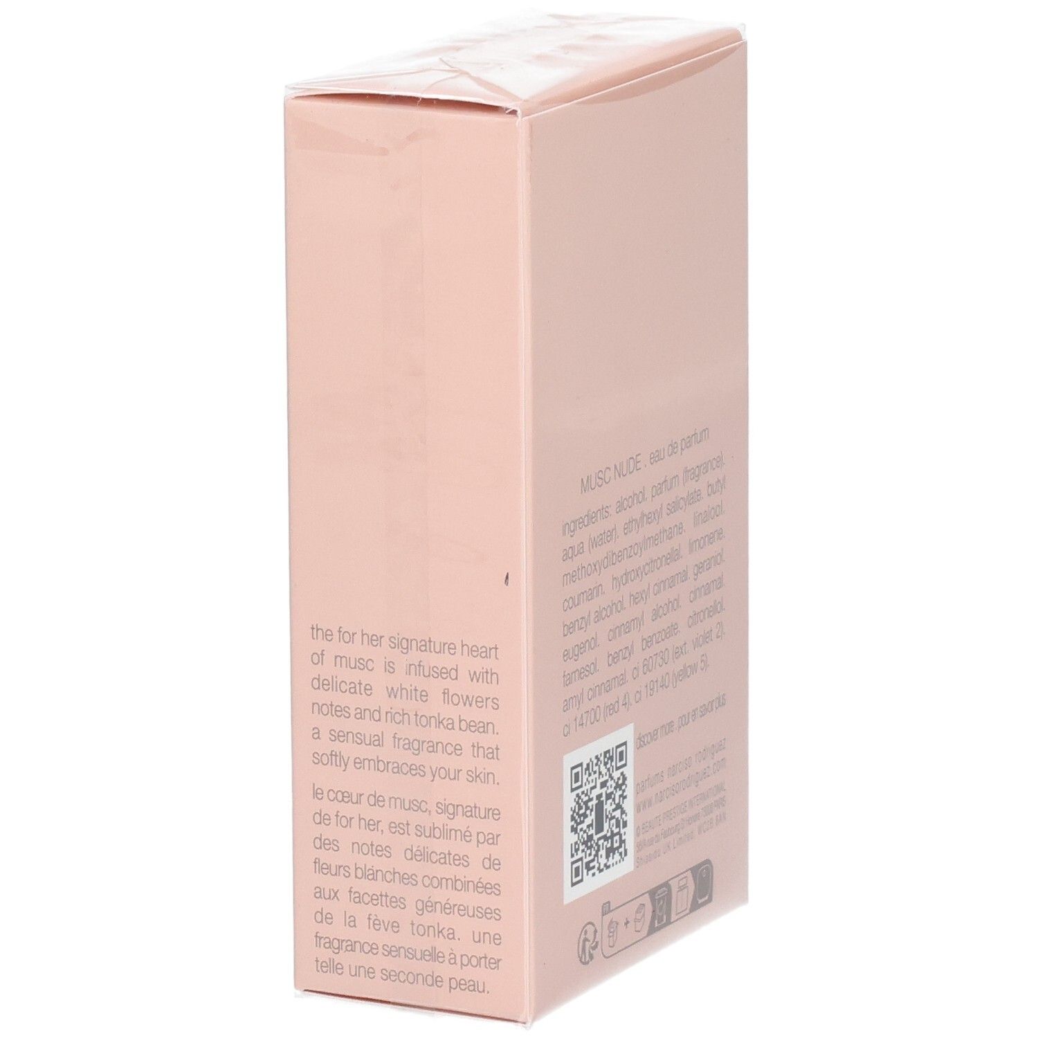 Boîte de parfum rose pâle avec texte et code QR.
