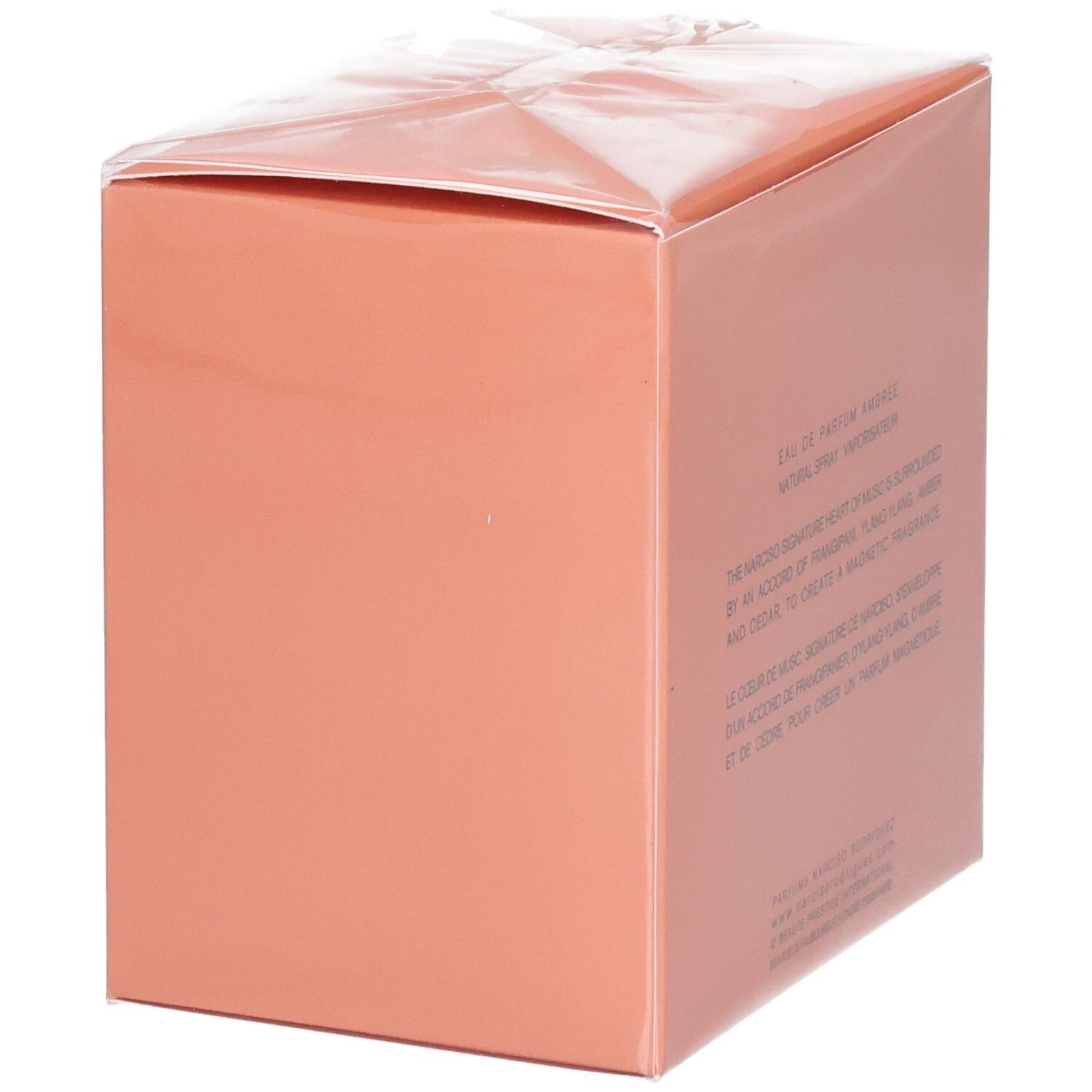 Boîte de parfum rose, scellée sous film plastique transparent.