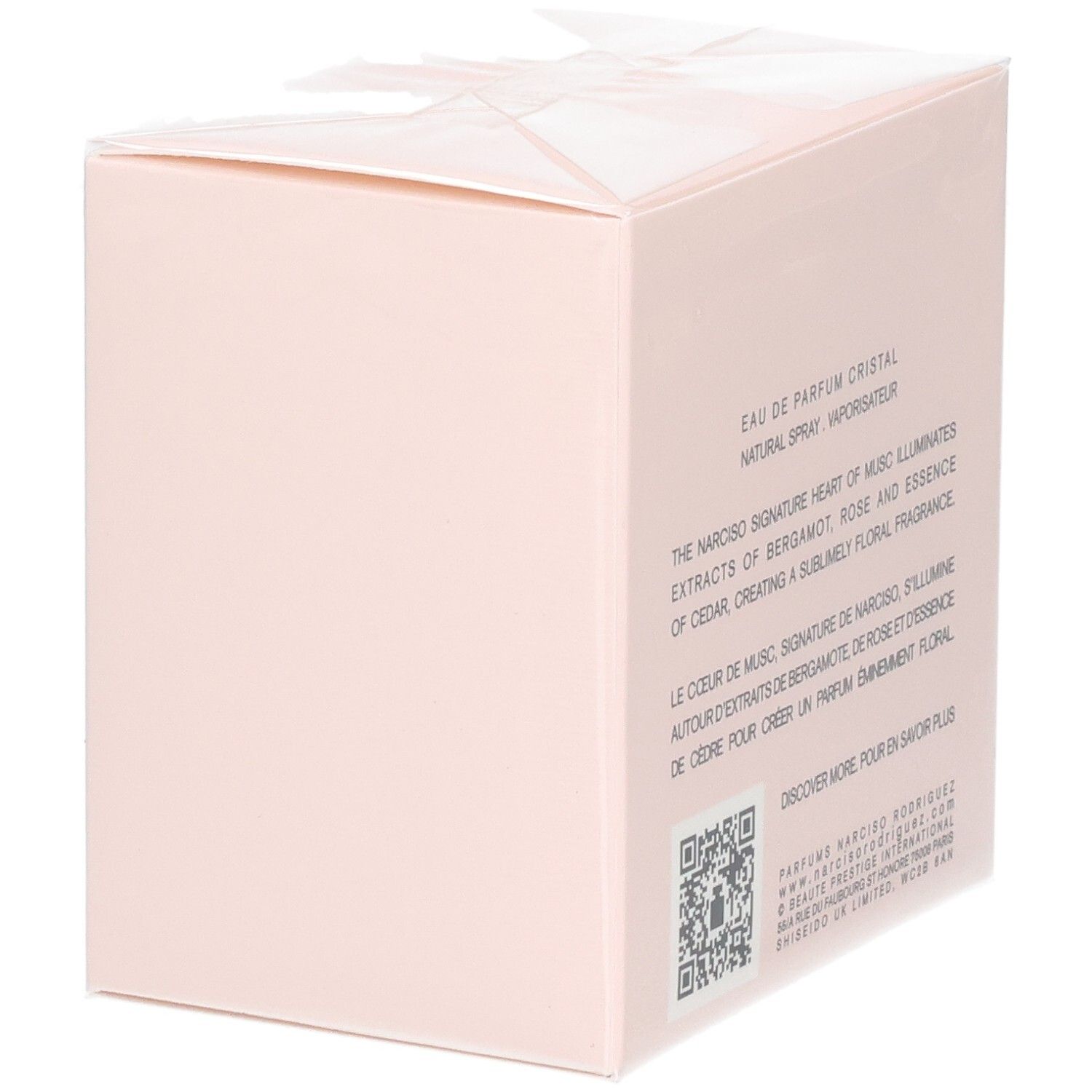 Boîte de parfum rose pâle avec texte et code QR.