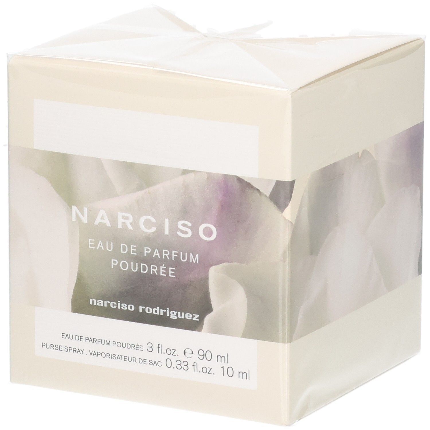 Boîte NARCISO EAU DE PARFUM POUDRÉE avec inscription Narciso Rodriguez et motif floral. Contient 90 ml et 10 ml.
