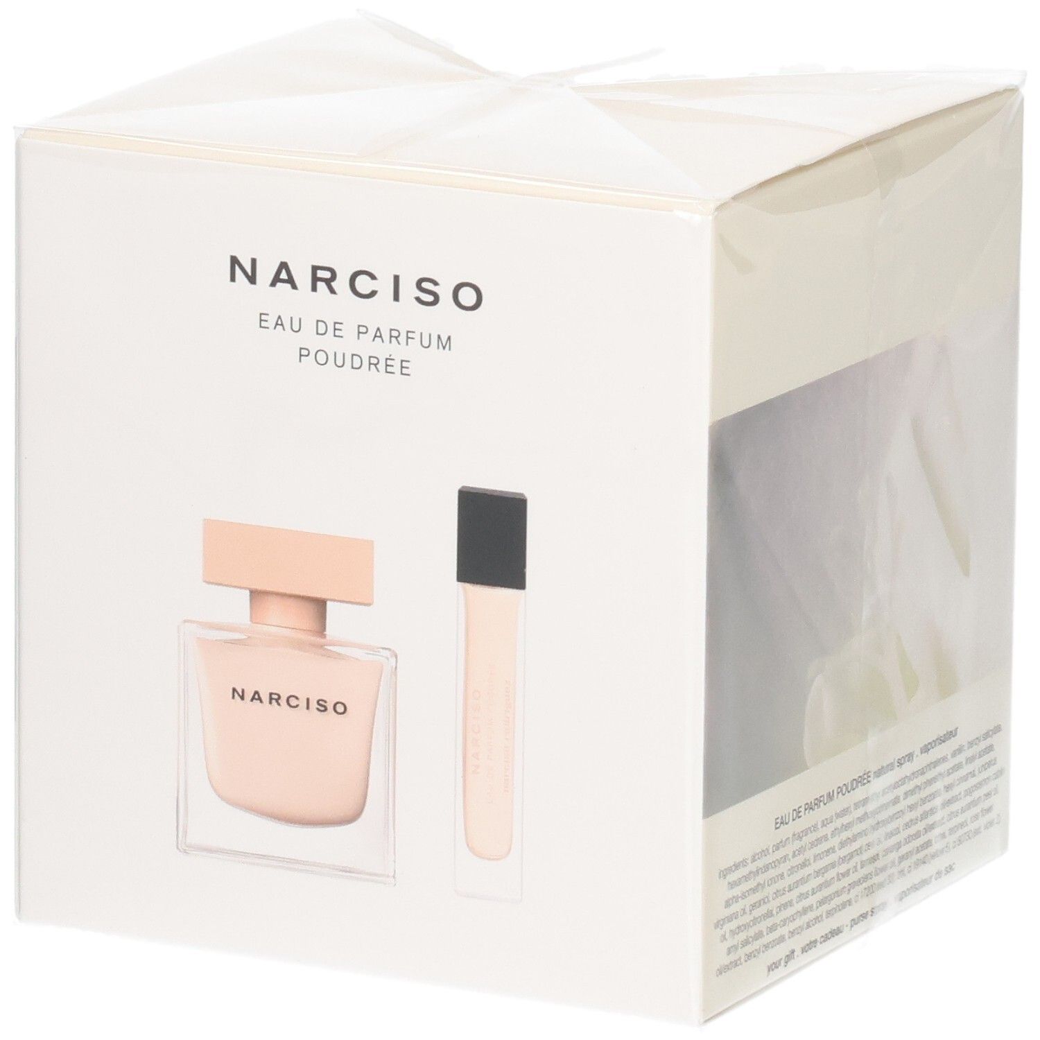 Coffret cadeau avec flacon Narciso Eau de Parfum Poudree et un vaporisateur de parfum plus petit.