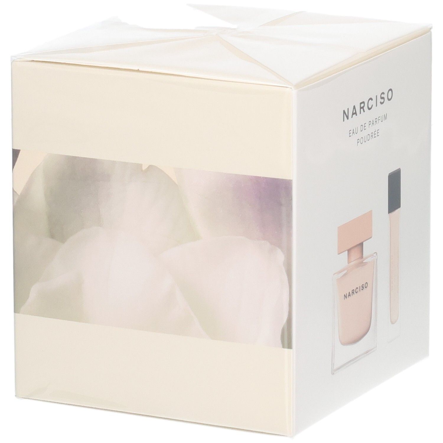Coffret cadeau avec flacon Narciso Rodriguez Eau de Parfum Poudree et un autre contenant.