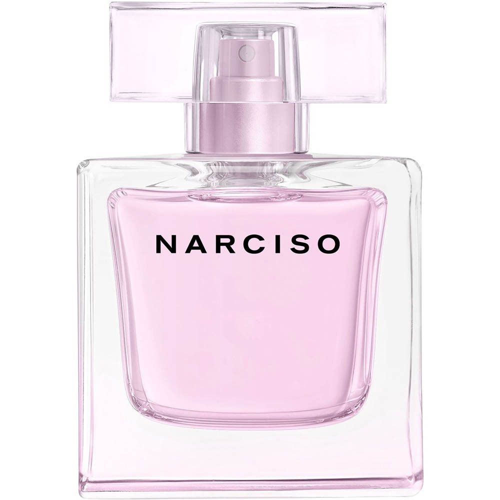 Un flacon en verre rectangulaire contenant un parfum rose pâle et un vaporisateur transparent. Le nom "NARCISO" est imprimé en noir sur le devant.