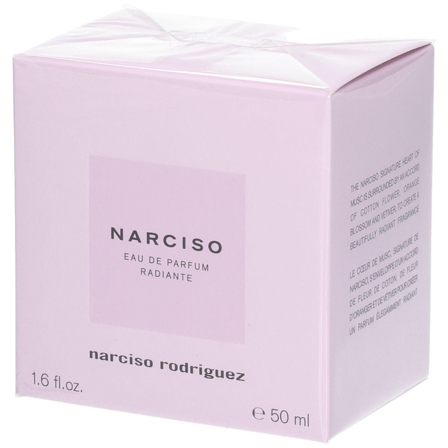 Boîte de Narciso Eau de Parfum Radiante, 50 ml. Carton rose avec informations sur le produit.