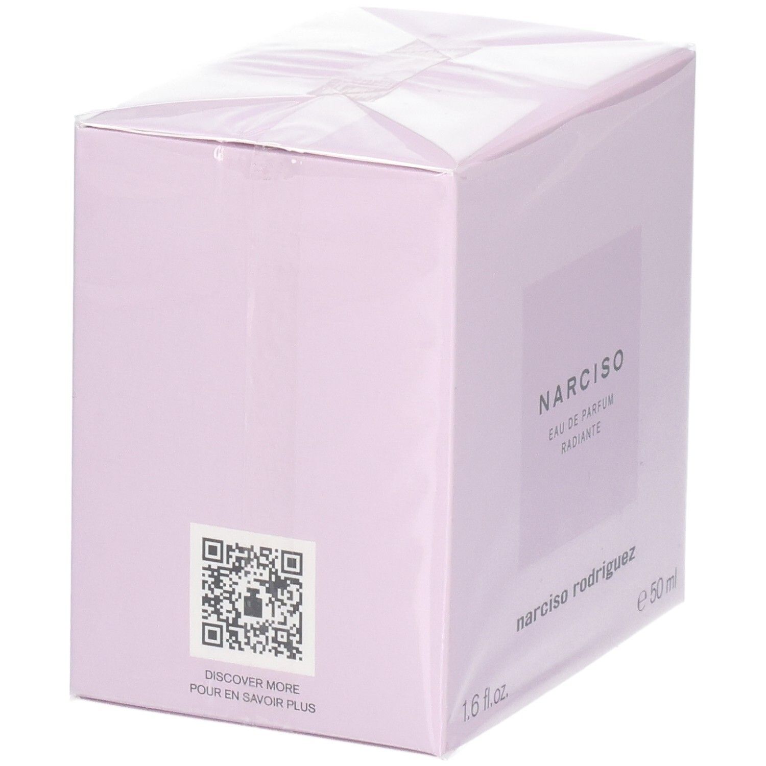 Boîte de Narciso Eau de Parfum Radiante, 50ml. Carton rose avec un code QR.