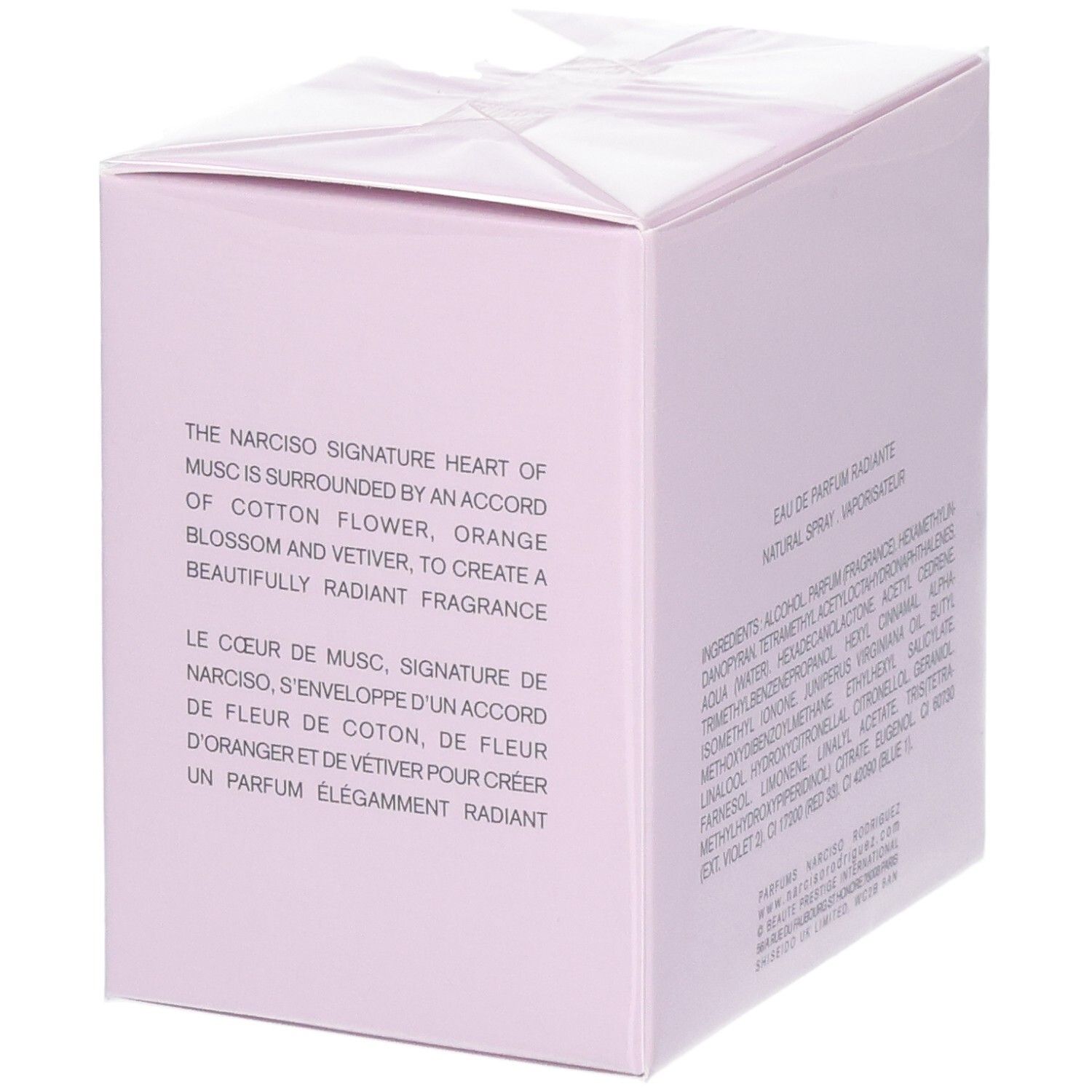 Boîte pour Narciso Rodriguez For Her Eau de Parfum, carton rose avec texte.