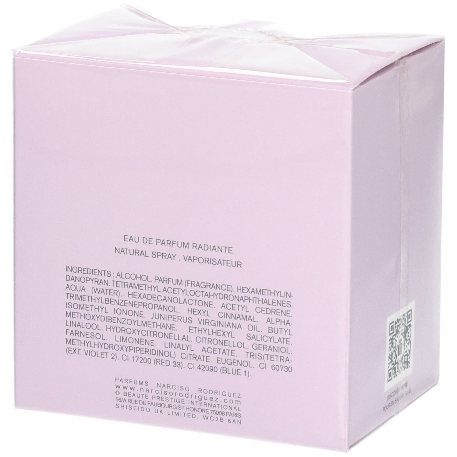 Emballage de parfum avec liste d'ingrédients et logo de marque.