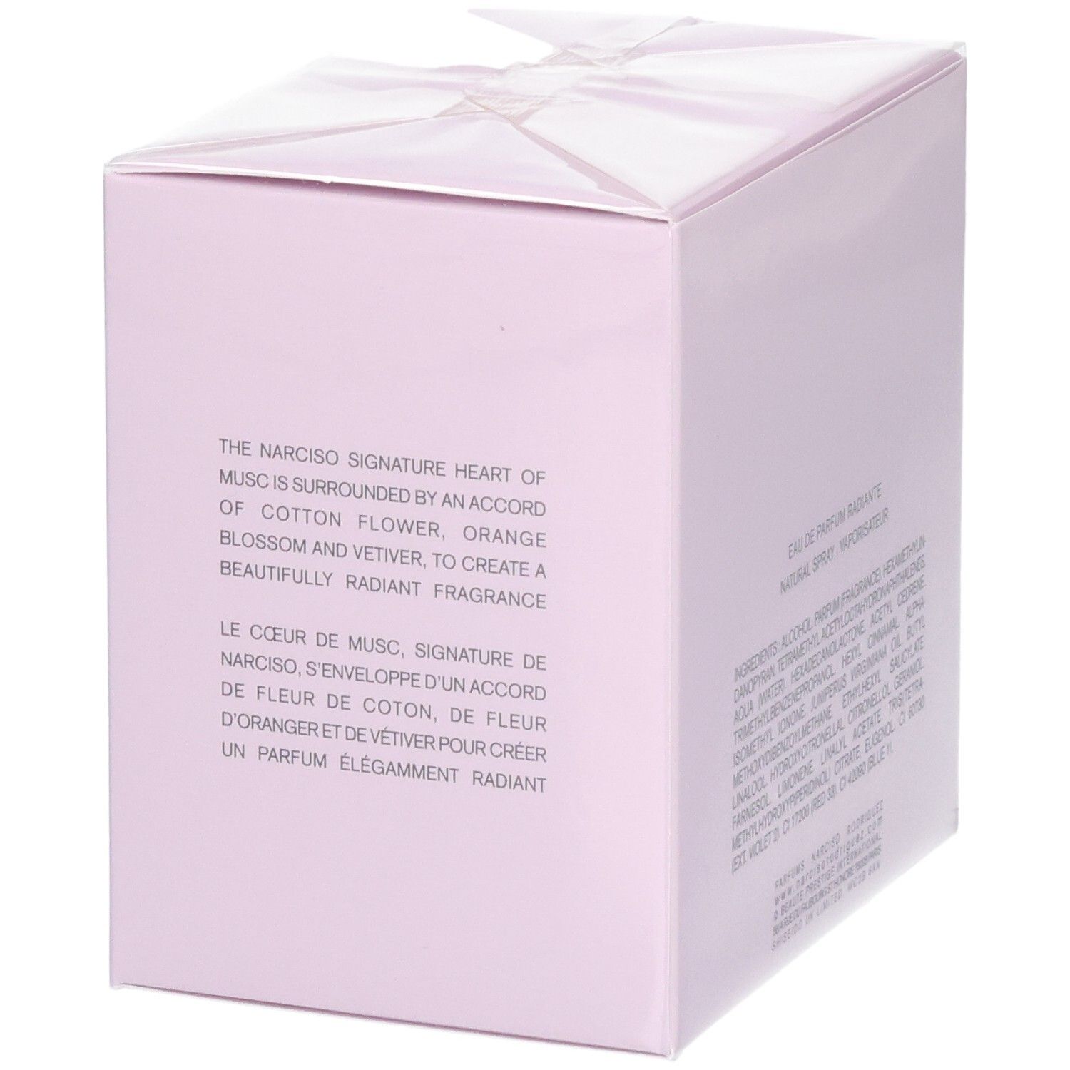 Boîte de parfum rose avec description textuelle des notes olfactives.