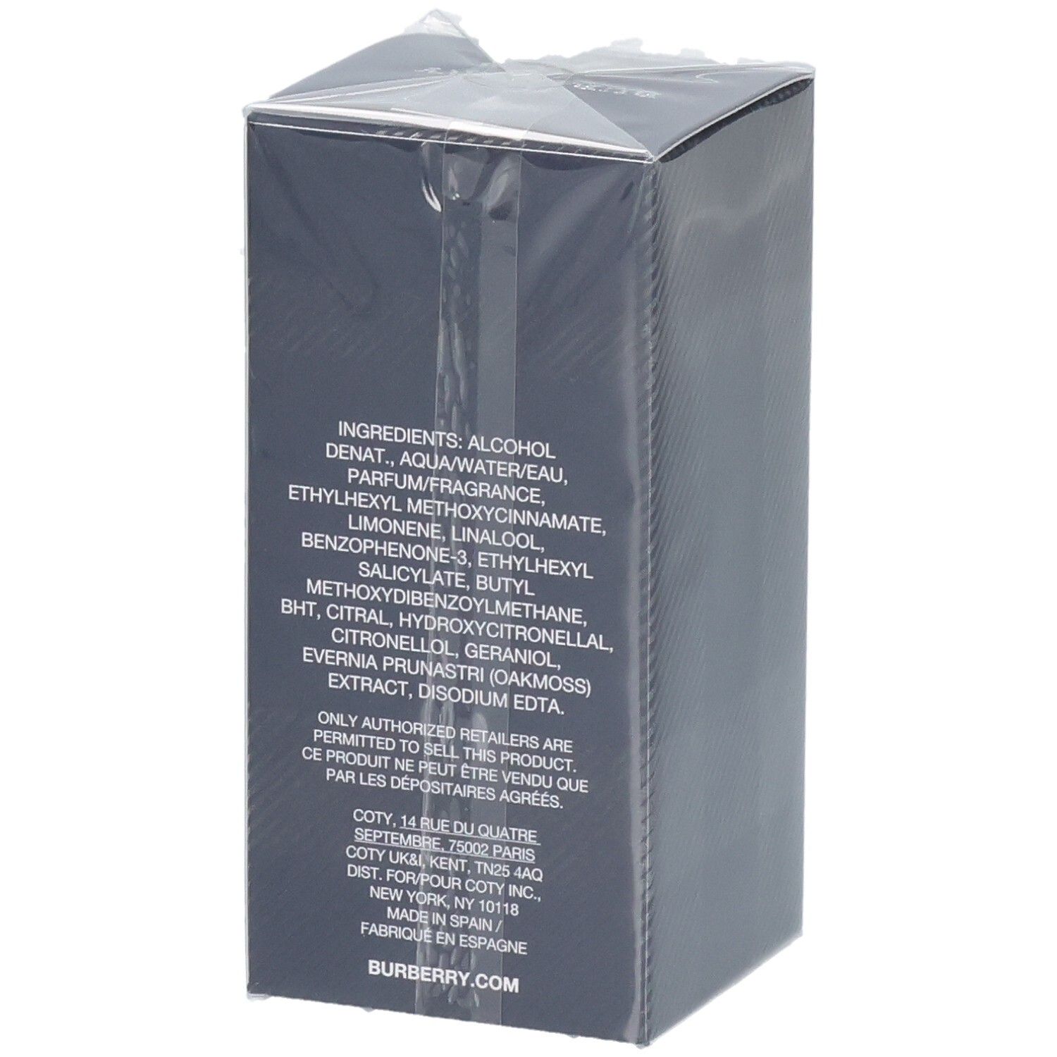 Arrière de l'emballage du Burberry Weekend Eau de Toilette pour homme avec ingrédients.