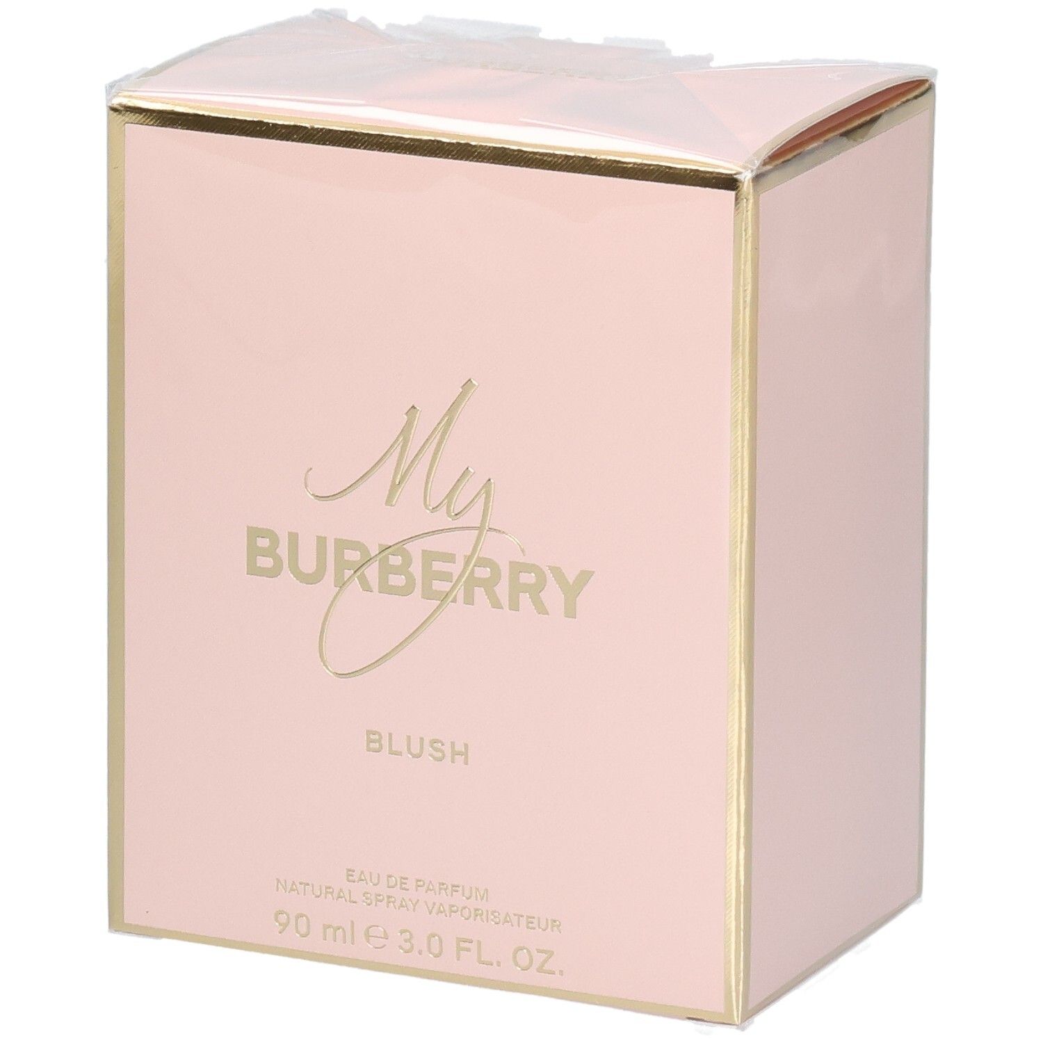 Emballage de My Burberry Blush Eau de Parfum rose avec des accents dorés.