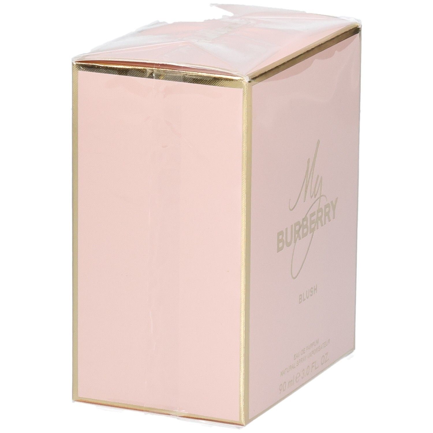 Côté de l'emballage rose My Burberry Blush Eau de Parfum avec des bords dorés.