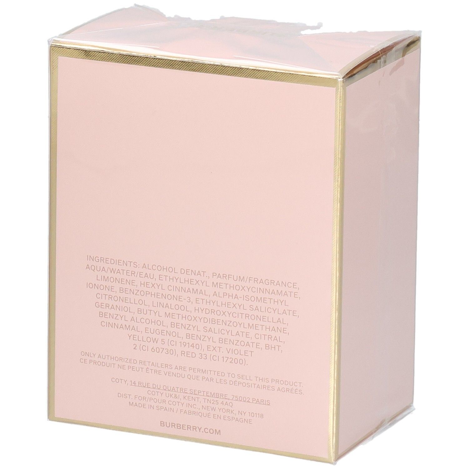 Arrière de l'emballage rose My Burberry Blush Eau de Parfum avec liste des ingrédients.