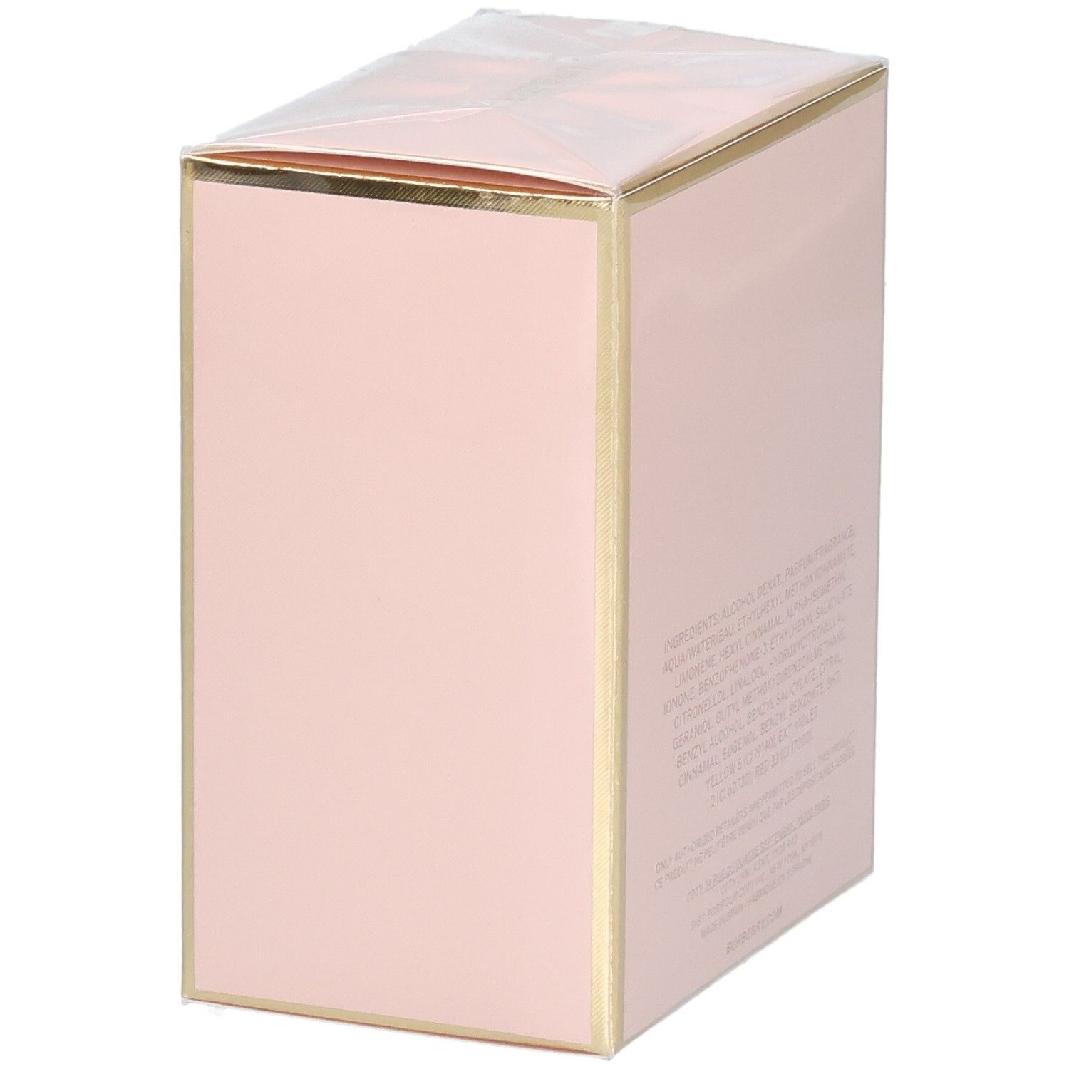 Vue latérale de l'emballage rose My Burberry Blush Eau de Parfum avec bords dorés.