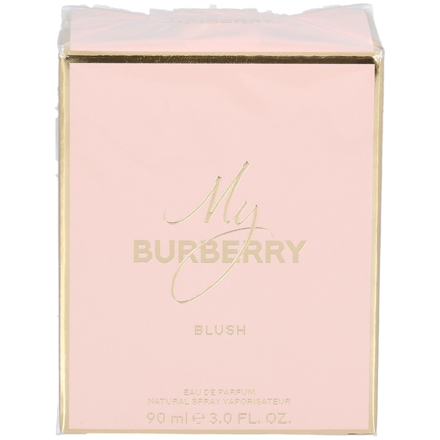 Emballage My Burberry Blush Eau de Parfum rose avec accents dorés et nom de marque.