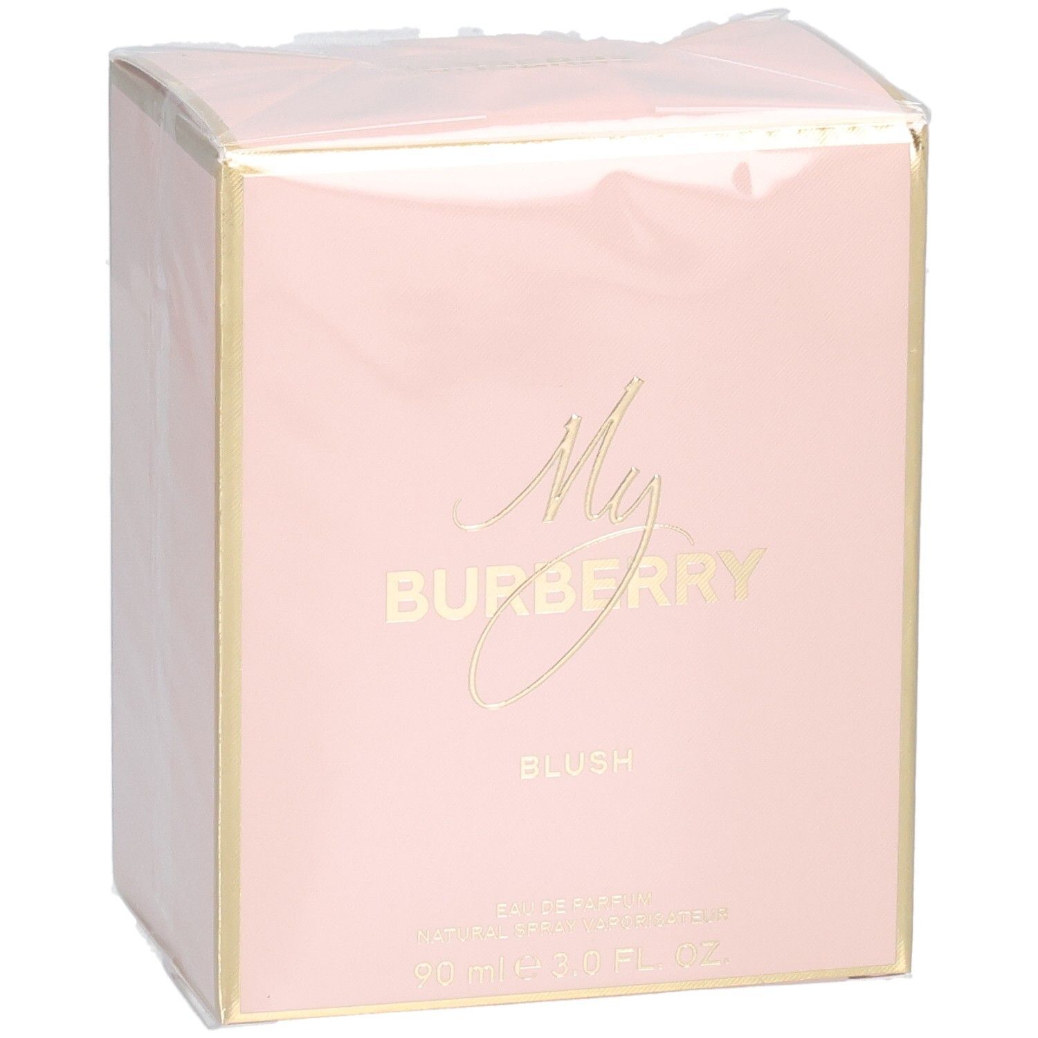 Emballage rose My Burberry Blush Eau de Parfum avec détails dorés et nom de marque.