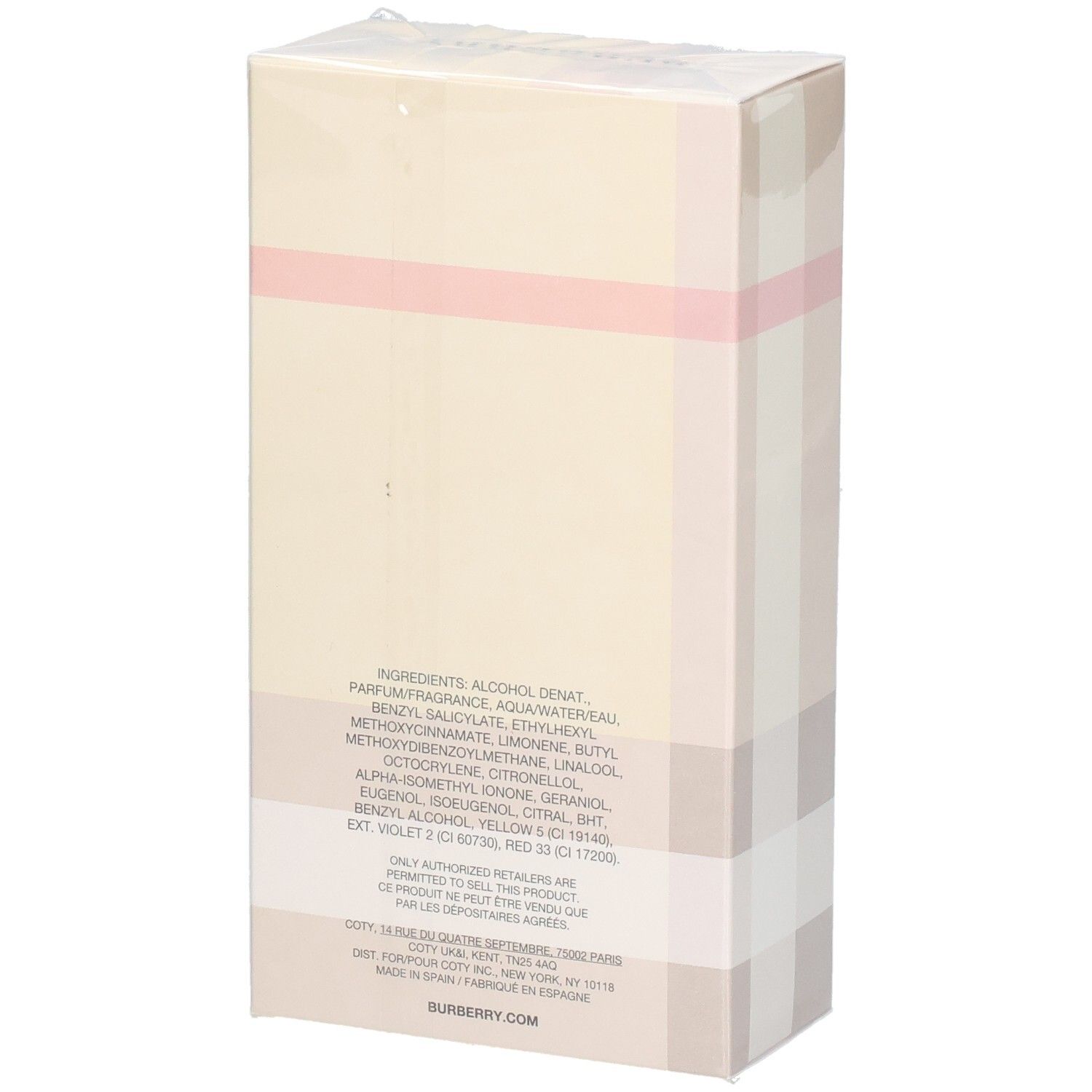 Arrière de l'emballage de Burberry London Eau de Parfum pour femme avec ingrédients.