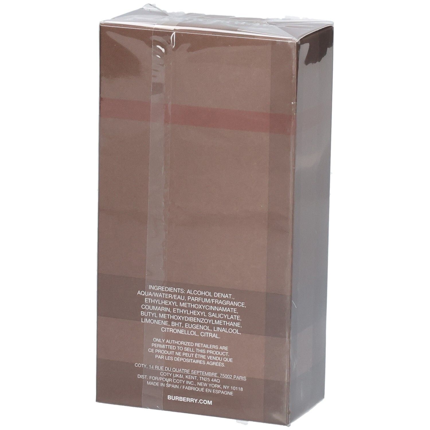 Arrière de l'emballage de Burberry London for Men Eau de Toilette avec ingrédients.