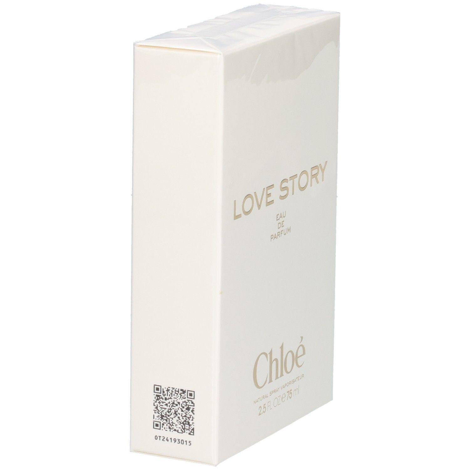 Emballage carton Chloé Love Story Eau de Parfum, côté avec QR-code.