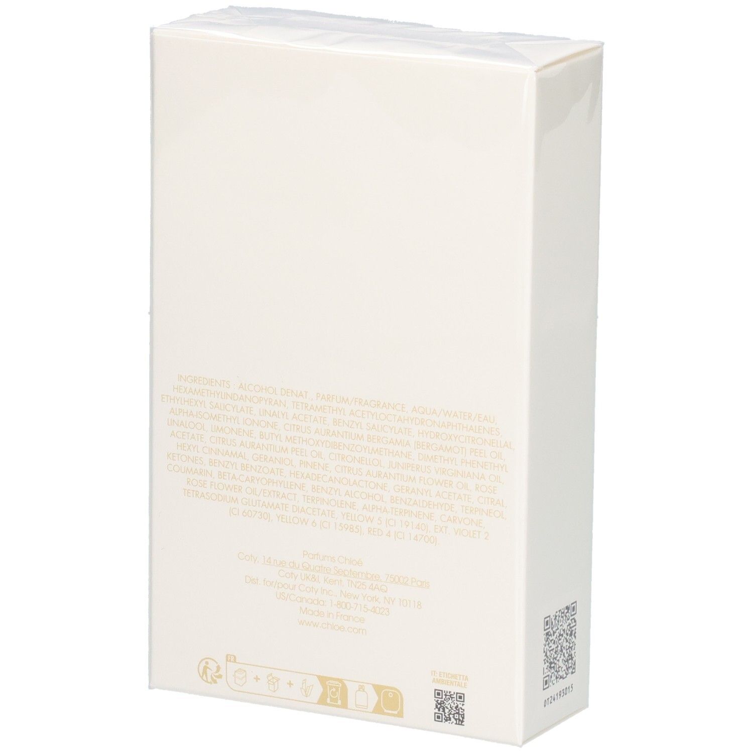 Arrière de l'emballage carton Chloé Love Story Eau de Parfum avec ingrédients.