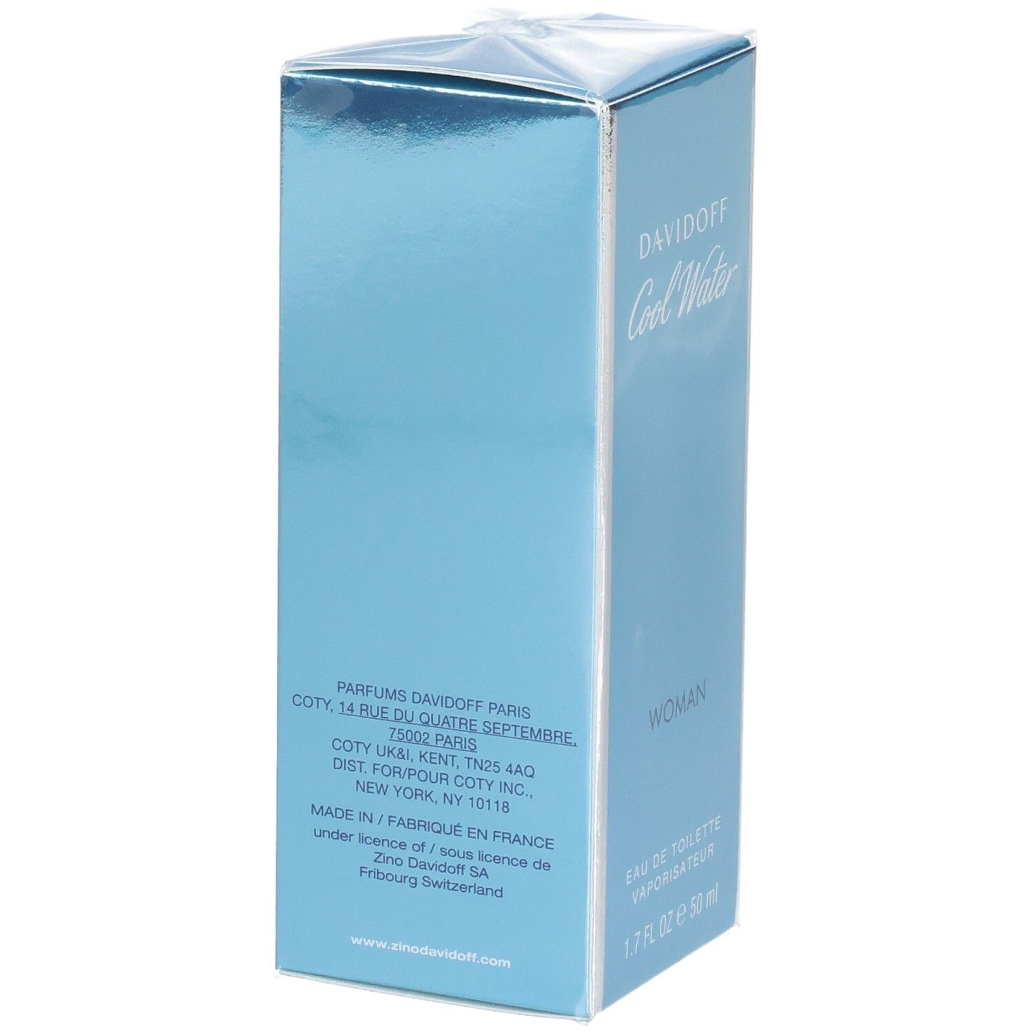 Coffret Davidoff Cool Water Woman Eau de Toilette 50 ml, verso avec informations fabricant.
