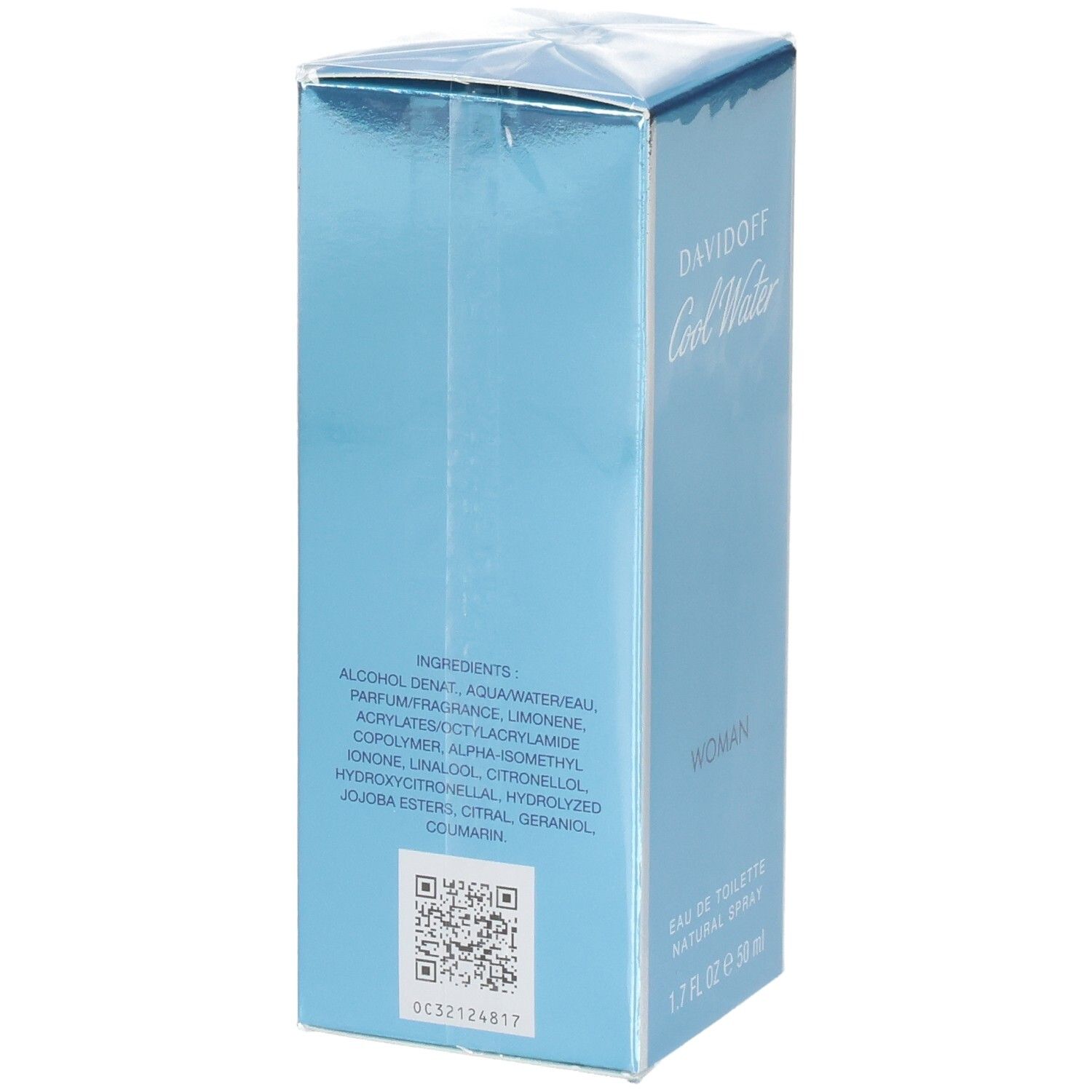 Coffret Davidoff Cool Water Woman Eau de Toilette 50 ml, côté avec liste des ingrédients.