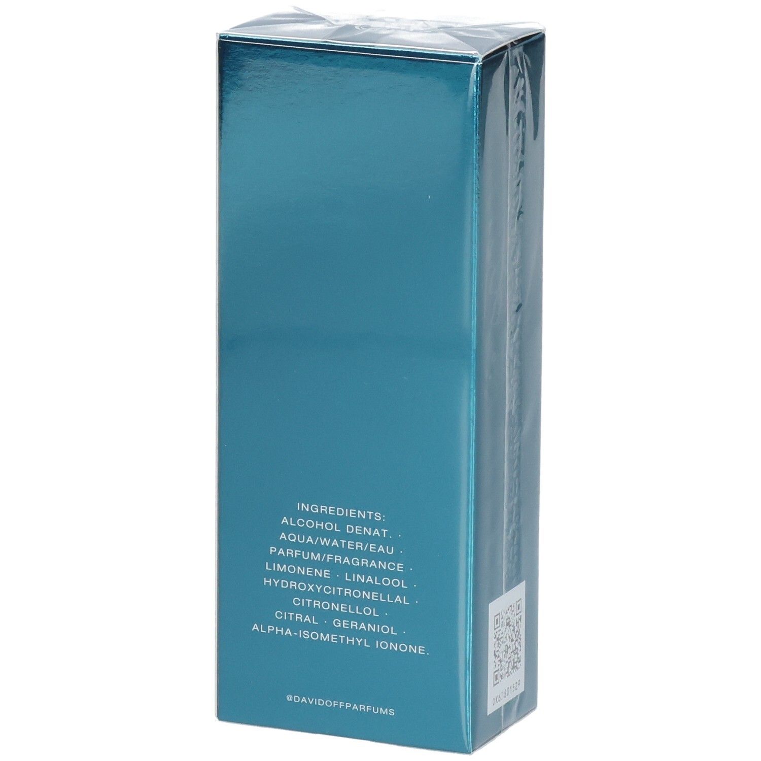 Arrière de l'emballage Davidoff Cool Water Eau de Toilette avec ingrédients.