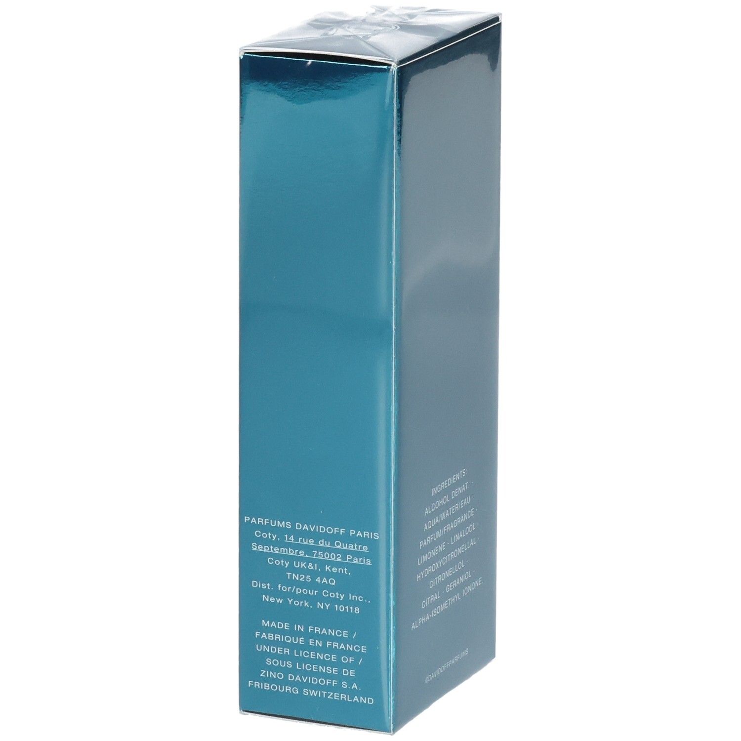 Côté de l'emballage Davidoff Cool Water Eau de Toilette avec informations de fabrication.