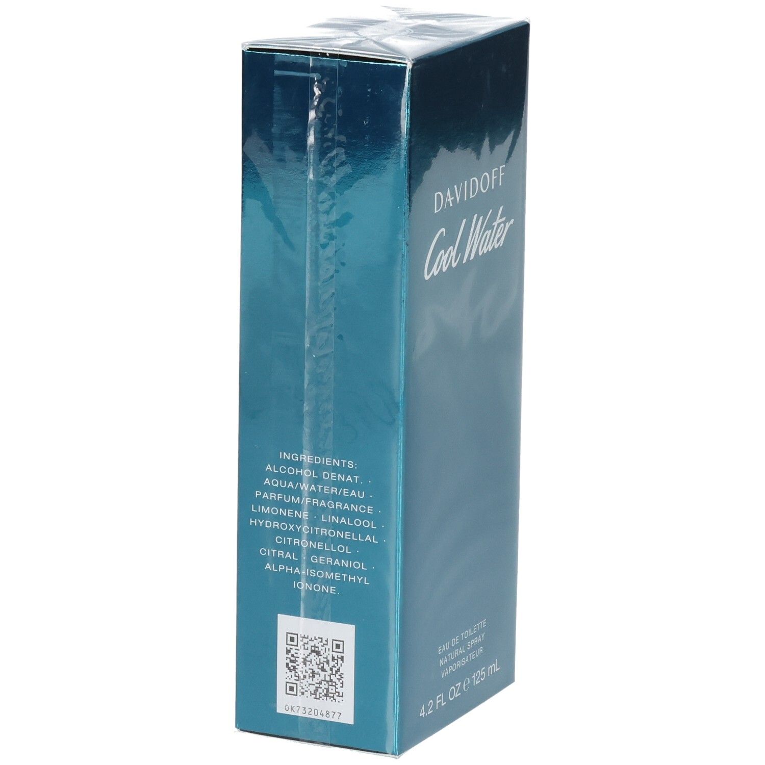 Davidoff Cool Water Man Eau de Toilette, dos avec ingrédients et code QR.